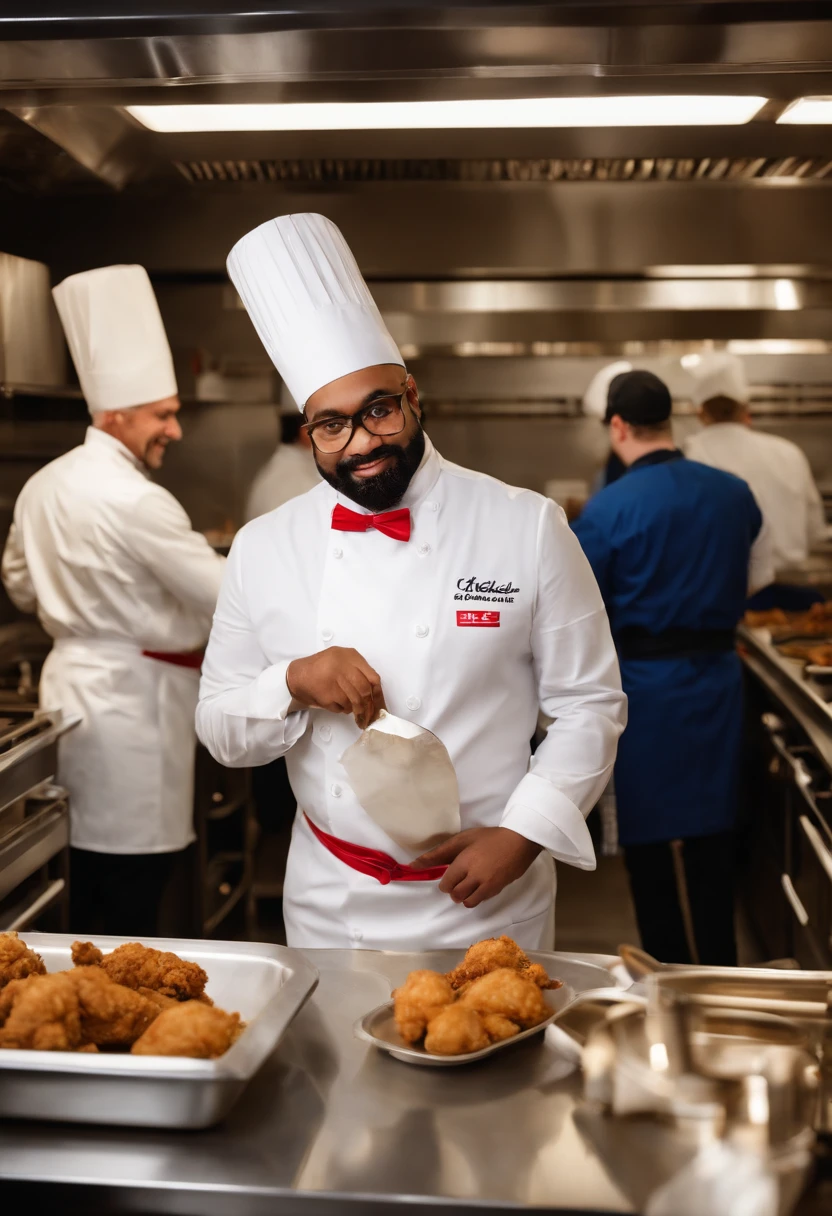 A photo of me in my signature white suit and tie, standing in the KFC kitchen surrounded by a team of chefs, as we prepare a new batch of my famous fried chicken,original,Colonel Sanders, male