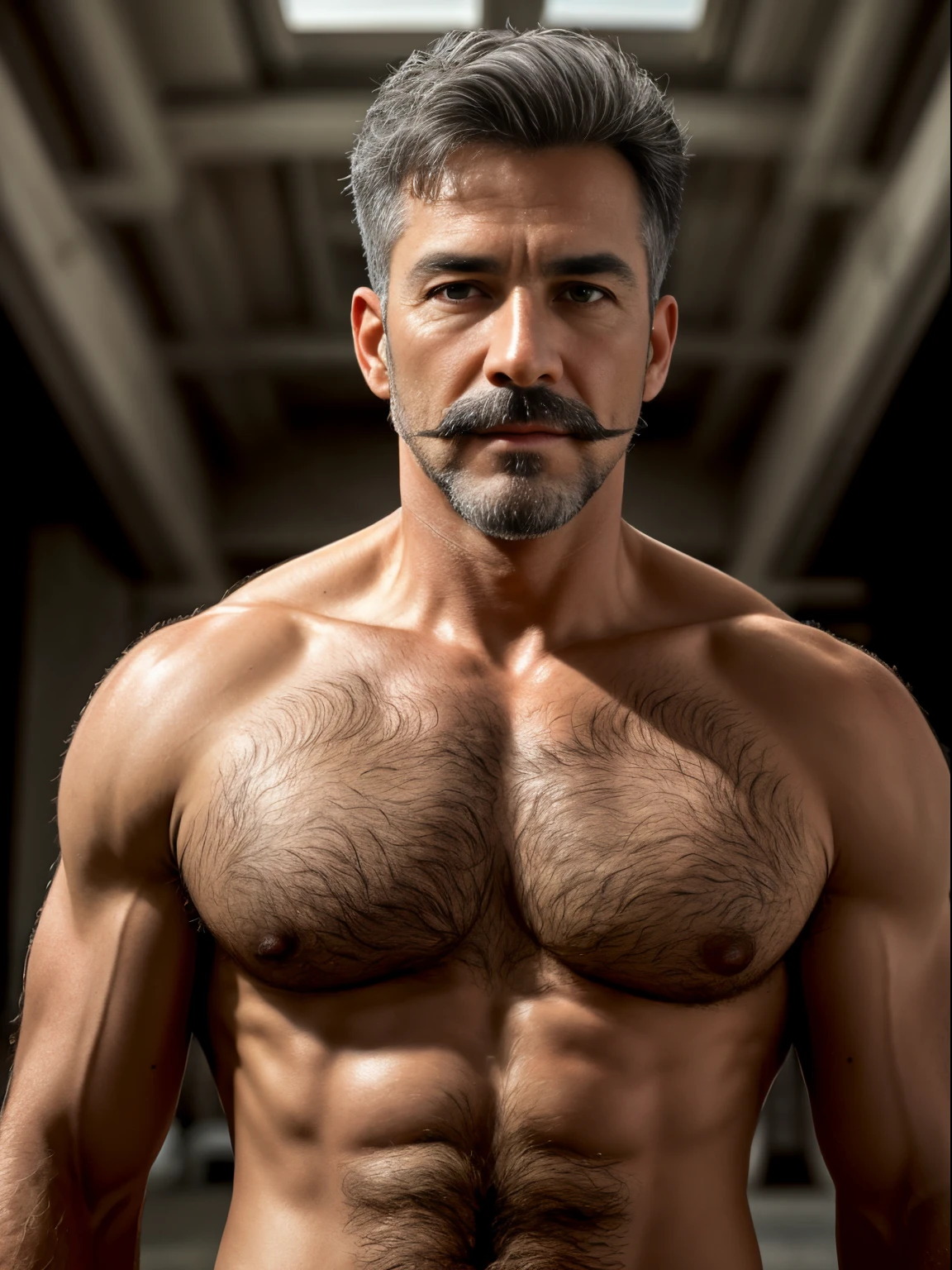 masterpiece, best quality, high resolution, closeup portrait, male focus, solo focus, A man, 60 years old, grey hair, with military clothes, soldier, grey silver hair, messy hairstyle, cute and seductive face, bare chest, body hair, facial hair, roman nose, very skinny body, hairy legs, dimples, goatee and mustache, bold jawline , in the background a millitary camp and other soldiers, view from below, amazing composition, front view, HDR, ultra quality, elegant, highly detailed