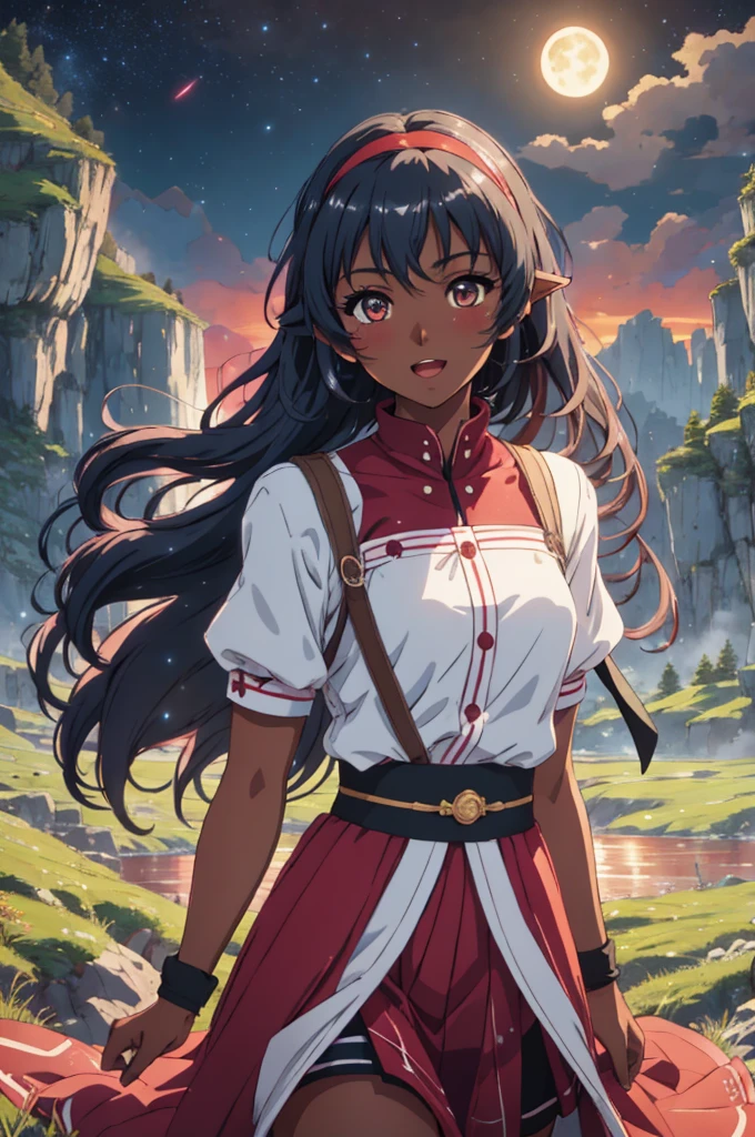 cinematic lighting, masterpiece, cowboy shot, blush, cute, eyelashes, BREAK nisei, 1girl, smile, open mouth, happy, fingerless gloves, (dark-skinned female:1.2), dark elf, hairband, short sleeves, upper body, sash, red, night, starry sky, park, walking, meadow, mist, mountainous horizons, lake, grass, moon, fireflies,
