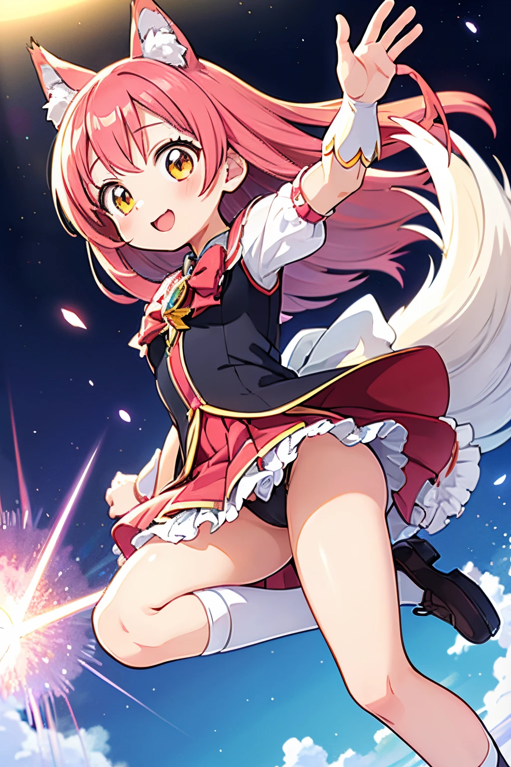 (masutepiece:1.2,Best Quality,Extremely detailed),(Anime,Anime style:1.1),(magical girl clothes:1.2),fores,wolf ears,wolf tail,(sprinting),from below,smile,panty shot