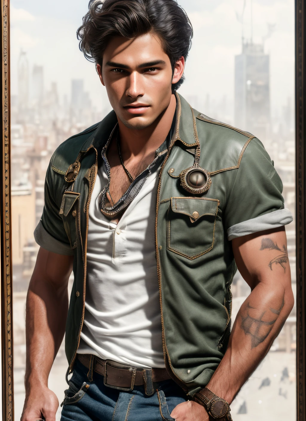 masterpiece, hyper realistic, detailed, best quality, award-winning photo, hispanic male mechanic with several weeks of stubble beard, dark brown hair in short cut, outdoors, steampunk city, steampunk 1890s new york city, wearing overalls, white button shirt, leather jeans, super detailed, aesthetic, beautiful, masterpiece, best quality, raw, masterpiece, super fine photo, best quality, super high resolution, photorealistic realism, amazing beauty, dynamic pose, vibrant eyes, (from the front), detailed face, detailed complex busy background, messy, highly detailed skin, realistic skin details, sharp focus, 8k uhd, DSLR camera, high quality, photo realism, lomography, huge metropolis in 1890s steampunk city, translucent, ultra realistic, 8k, extremely detailed, in the best quality, a single young adult man of 21 years, dynamic pose fixing a machine, playful smirk expression, Carlos, clean skin, no markings