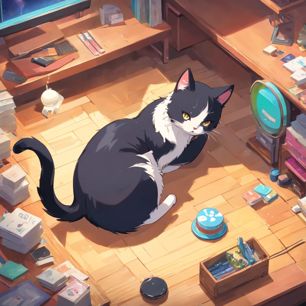 Cute isometric cat emoticon, tuxedo jack, black and white cat, Fluffy and cute, kitten fell