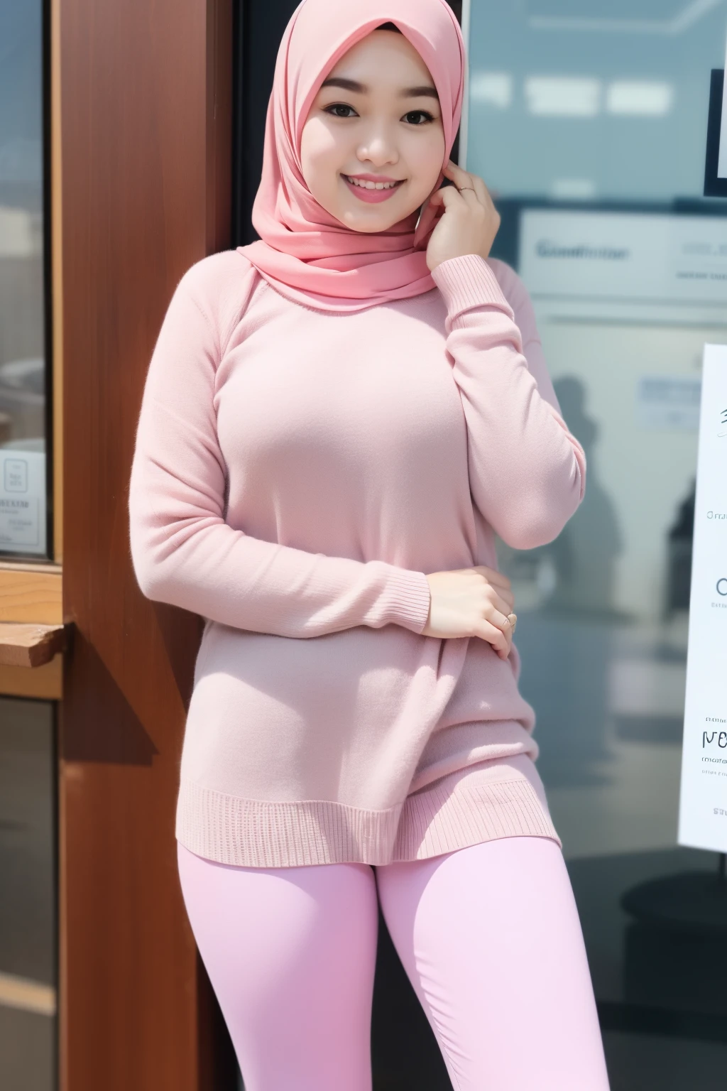 A in a pink sweater and leggings, (in pink), Pink clothes, solidcolor,high-necked,Thermal underwear, full bodyesbian, soft - warm, Official product image, smooth white tight clothes suit, Light pink, soft cute colors, warm color clothes,Official product image, smooth white tight clothes suit, Light pink, soft cute colors, warm color clothes, p. j. n,((Pink)), Fashionab, 2 0 2 0 fashion, ƒ/5.6, (hijab:1.1),((huge breast:1.1)), tight tracksuit top