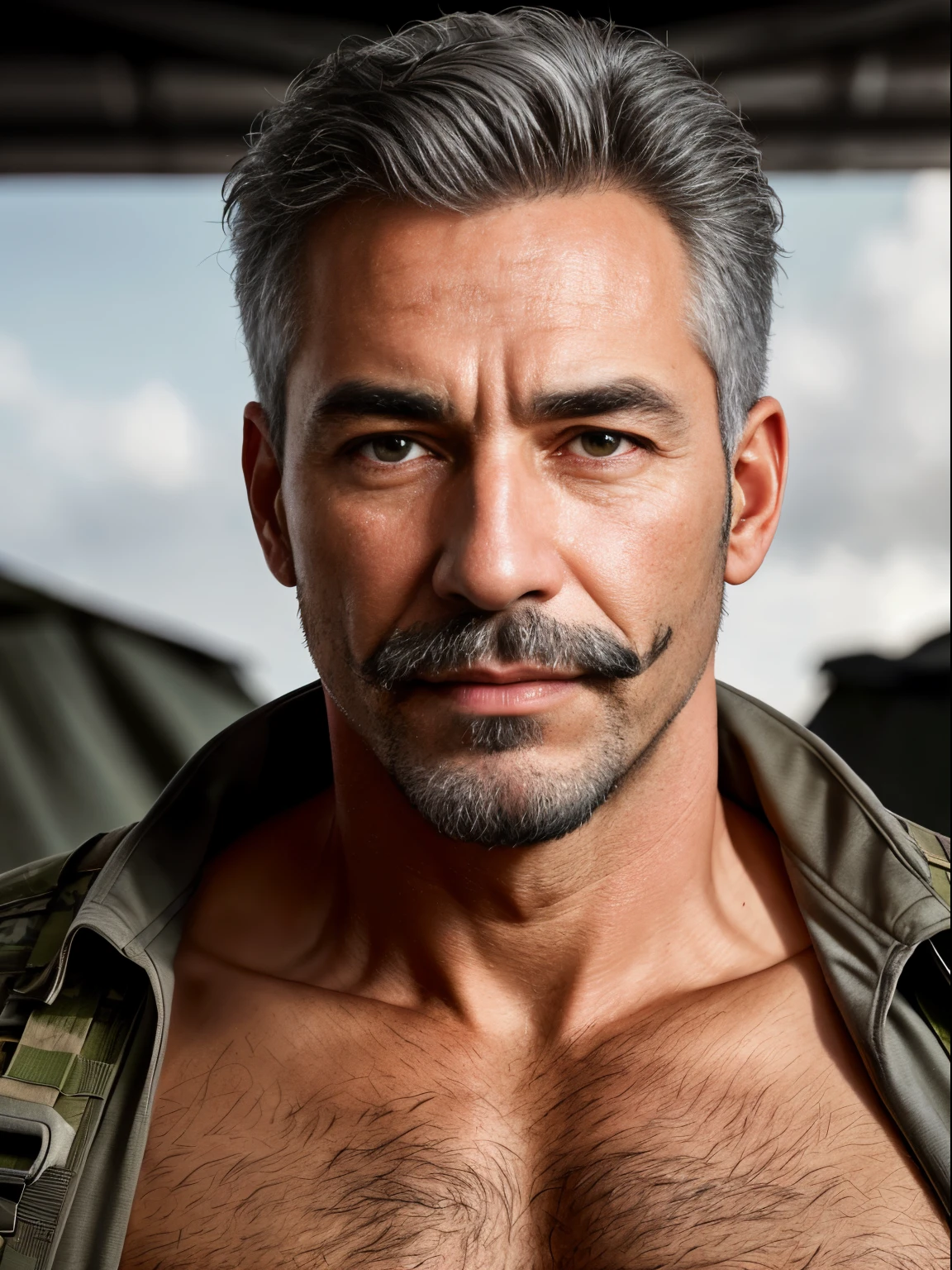 masterpiece, best quality, high resolution, closeup portrait, male focus, solo focus, A man, 60 years old, grey hair, with military clothes, soldier, grey silver hair, messy hairstyle, cute and seductive face, bare chest, body hair, facial hair, roman nose, very skinny body, hairy legs, dimples, goatee and mustache, bold jawline , in the background a millitary camp and other soldiers, view from below, amazing composition, front view, HDR, ultra quality, elegant, highly detailed