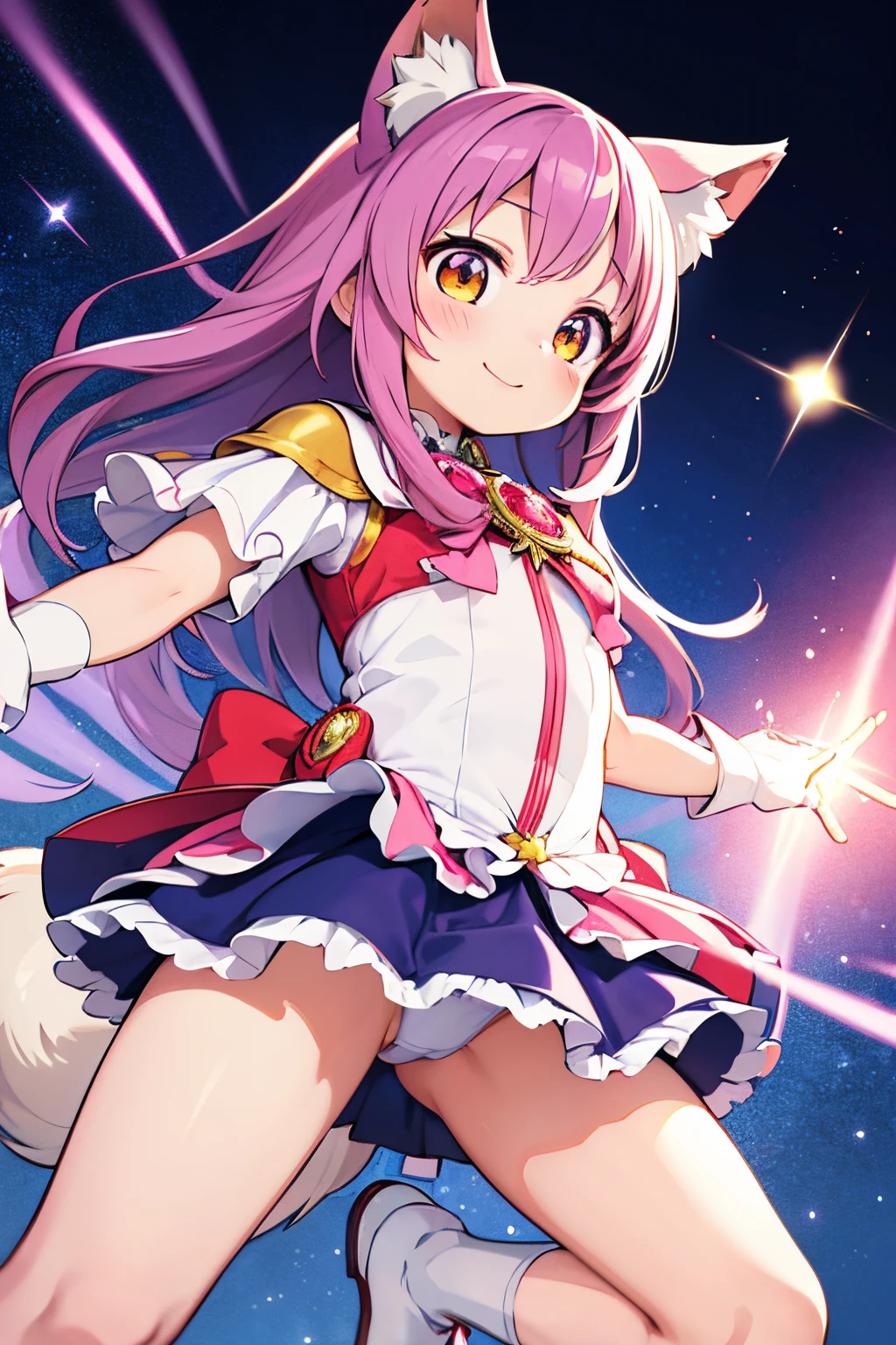 (masutepiece:1.2,Best Quality,Extremely detailed),(Anime,Anime style:1.1),(magical girl clothes:1.2),fores,wolf ears,wolf tail,(sprinting),from below,smile,panty shot