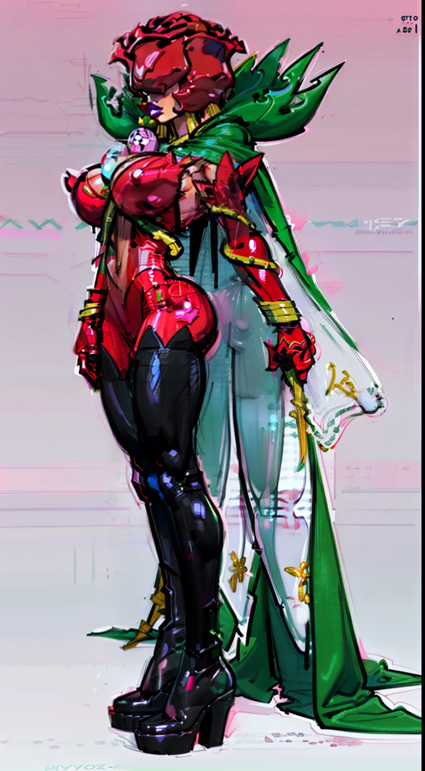 ((masterpiece)),(((best quality))),((character design sheet)), digimon character rosemon, (eyes Covered) ((Rosemon)), ((side body view:1.3)) (green cape:1.3), mature face, (green vine hair),((asian eyes:1.4)), ((thigh high black boots)) above knees:1.4), (rose head), defined cheekbones,((long hair:1.2)), high cheekbones, illustration, muscular, sexy bimbo, (gigantic breasts:1.3) red hair, ((detailed face:1.4)) beautiful woman, (black gloves :1.2), (pink skin:1.4) , (red lipstick:1.4), shiny skin, scribbles and marks,(puffy lips:1.4), rough sketches, pose, 8k,16k, (simple background, white background: 1.3) ((cool color palette))