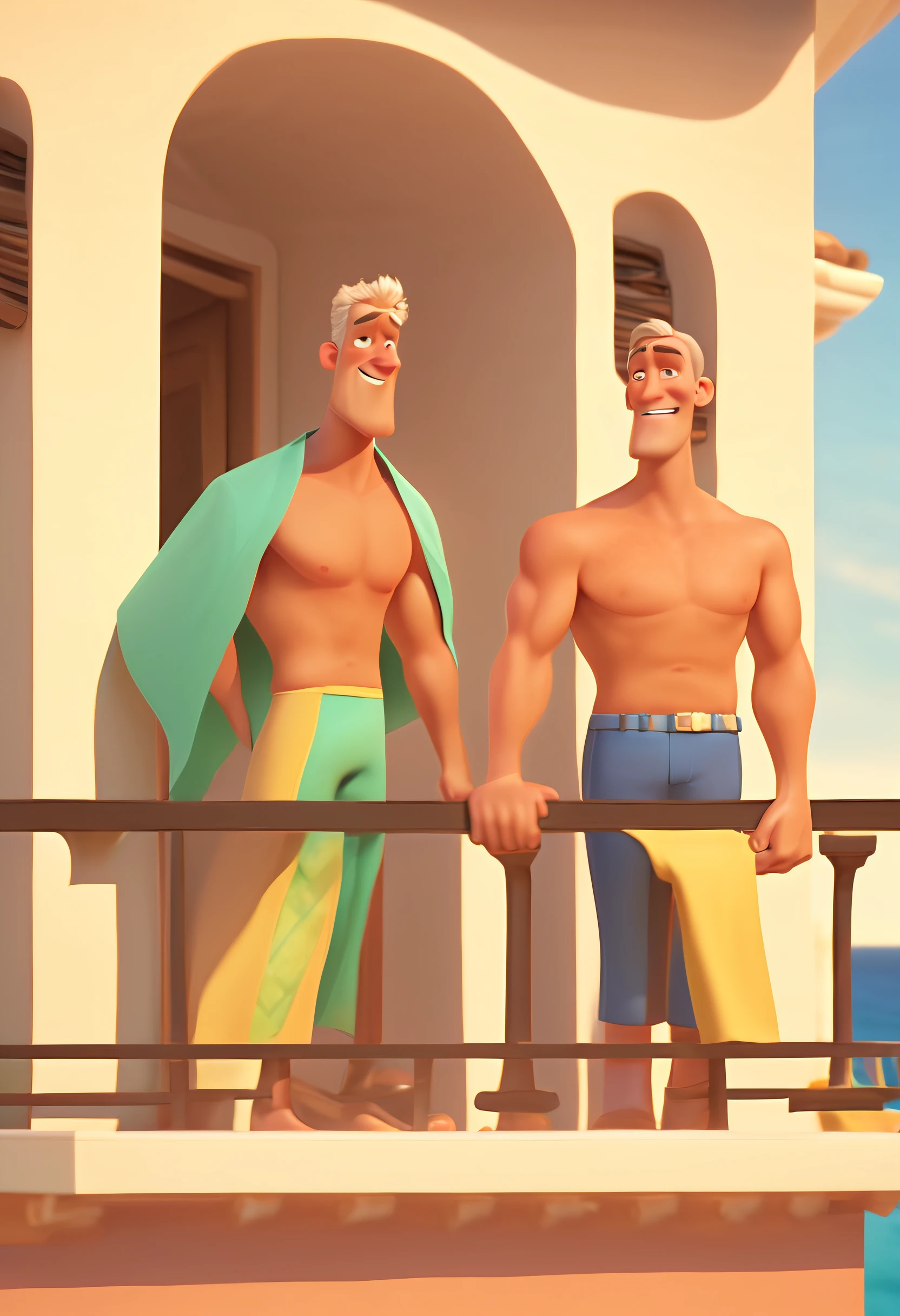 Estilo Pixar, there are two men standing on a balcony overlooking the sea, vacation photo, lucas graziano, Karch Kiraly, Rob Lee, patrick nagle!!, Directed by: Daniel Lieske, Directed by: Samuel Silva, patrick nagle!!!, Homens de 45 anos, Directed by: Sam Dillemans, perto da praia, Frank Frazeta, Nick Silva