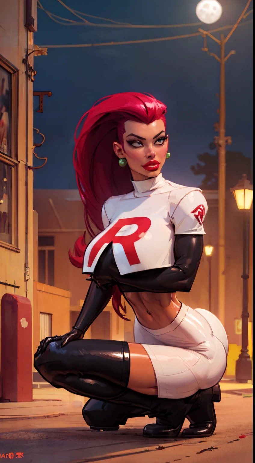 ((Cowboy shot:1.4)) 1 Same Girl , Perfect Beautiful , Pokémon character Jessie, (team rocket uniform) ((Jessie)), ((gigantic breasts:1.2)) (red violet hair), Extreme Detailed Portrait With Bokeh Effect , Realistic Lighting , ( ((black boots)) above knees:1.4), ((long hair:1.2)), (slicked back hair), Night Street View , Dark Vibe , Crowd , Gothic Makeup  , (black gloves :1.2), (white skin:1.4) , (red lipstick:1.4), (giant red R on shirt),((white crop top, white skirt))Posing Like a Model , Look at Viewer, cool lighting, blue street lamp light ((moonlight ambiance light:1.0))