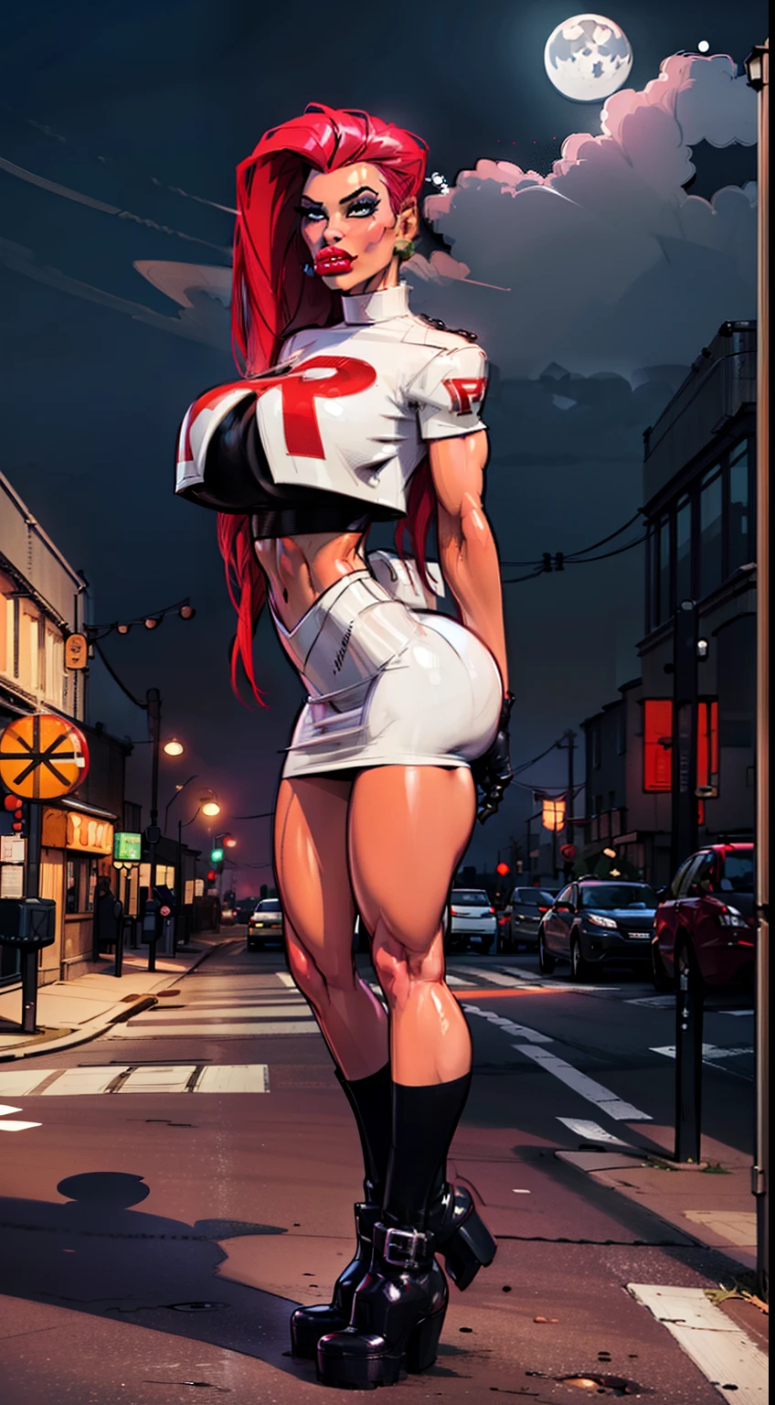 ((Cowboy shot:1.4)) 1 Same Girl , Perfect Beautiful , Pokémon character Jessie, (team rocket uniform) ((Jessie)), ((gigantic breasts:1.2)) (red violet hair), Extreme Detailed Portrait With Bokeh Effect , Realistic Lighting , ( ((black boots)) above knees:1.4), ((long hair:1.2)), (slicked back hair), Night Street View , Dark Vibe , Crowd , Gothic Makeup , (black gloves :1.2), (white skin:1.4) , (red lipstick:1.4), (giant red R on shirt),((white crop top, white skirt))Posing Like a Model , Look at Viewer, cool lighting, blue street lamp light ((moonlight ambiance light:1.0))