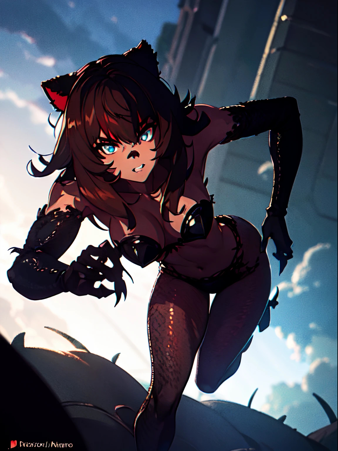 (best quality,ultra-detailed,realistic:1.37),dark portraits,night scene,slim figure,[black body],shiny skin,piercing eyes,sharp fangs,pointed teeth,long and sleek raccoon-like tail,red and blue eyes,brown hair,night stalker,hunting predator,curved claws,[silent footsteps],leaping through shadows,intense gaze,cautiously prowling,[eerie atmosphere],moonlight piercing through the clouds,hint of danger,subtle menace,mysterious aura,predatory instincts.