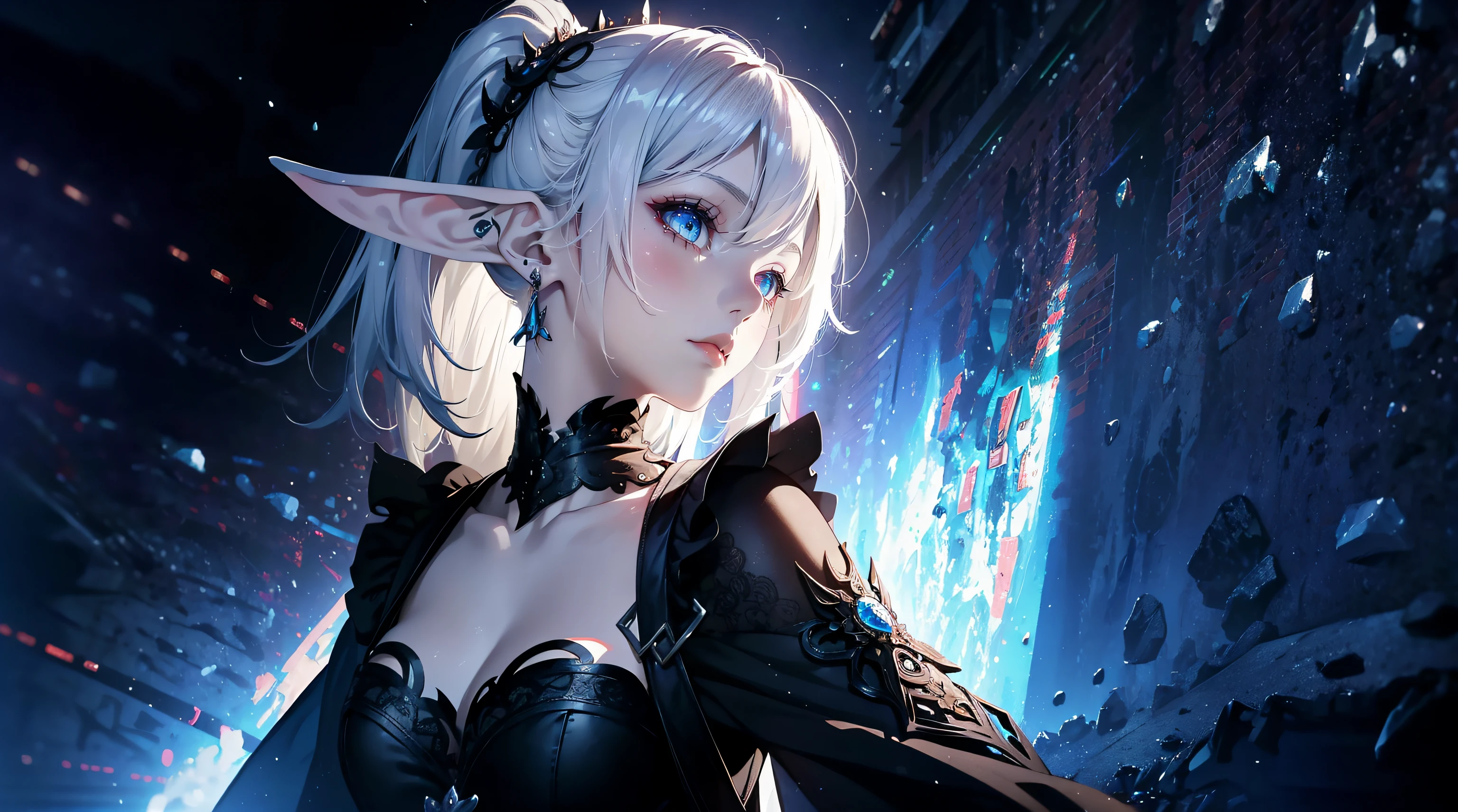 (Masterpiece, Best Quality, extra high resolution),1girl,elf ears, Silver hair, pale skin, white rock punk fashion, Beautiful and detailed face, 詳細な目, full - body