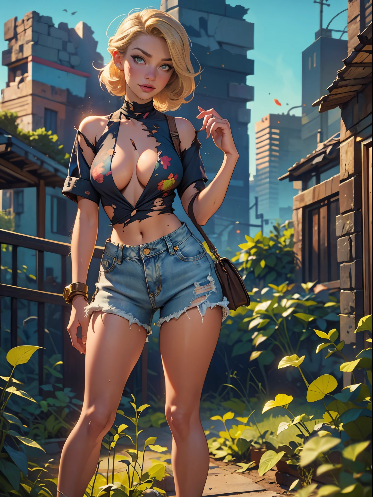 2076 year. The Urban Ruins of the Wasteland, Female huntress picking fruit in the garden, beautiful face, blonde, badly torn shirt and denim shorts , long legs, sweating through, sun rising, Nice warm colors, head to toe, full body shot, pretty hands, perfect fingers,