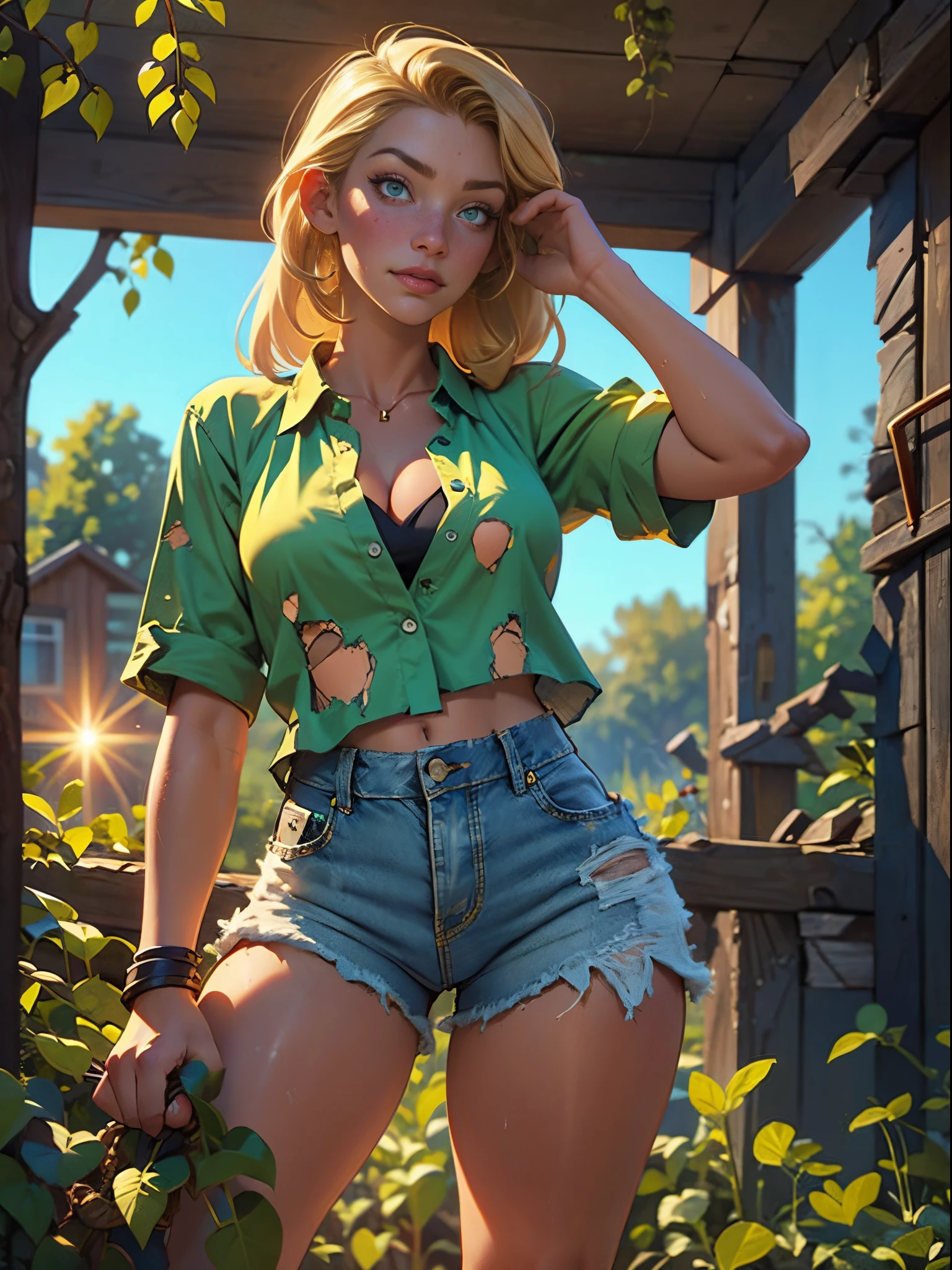 2076 year. The Urban Ruins of the Wasteland, Female huntress picking fruit in the garden, beautiful face, blonde, badly torn shirt and denim shorts ,  long legs, sweating through, sun rising, Nice warm colors, head to toe, full body shot, pretty hands, perfect fingers,