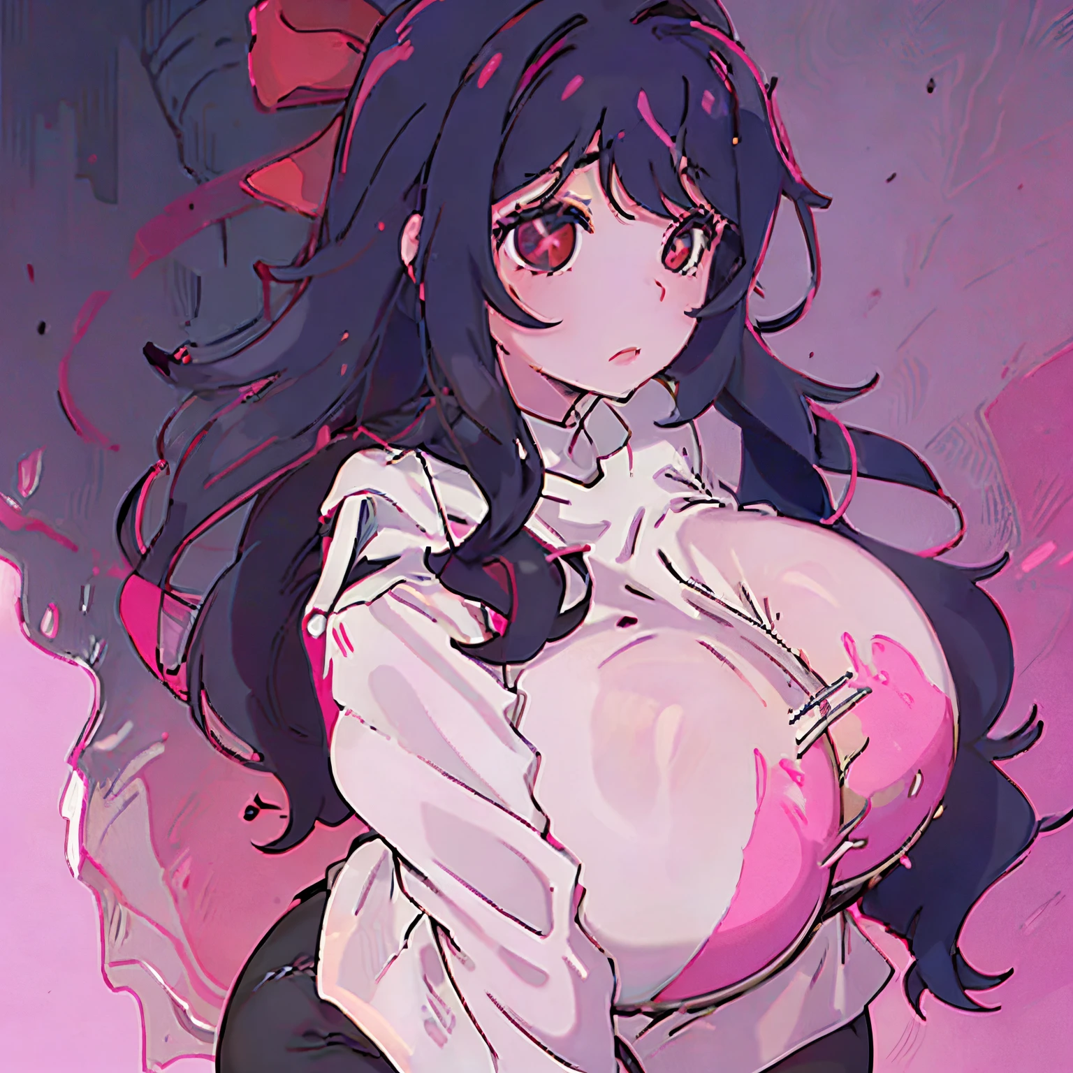 busty anime girl with big thighs, smooth curves, oversized shirt, black messy wavy hair, deep red eyes, plump pink lips and a cute nose, pale skin