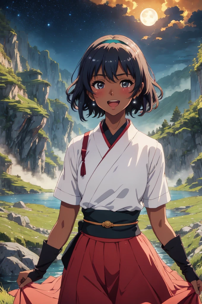Nisei Muramasa, cinematic lighting, masterpiece, cowboy shot, blush, cute, eyelashes, BREAK nisei, 1girl, smile, open mouth, happy, fingerless gloves, (dark-skinned female:1.2), short hair, dark elf, hairband, short sleeves, upper body, sash, red, night, starry sky, park, walking, meadow, mist, mountainous horizons, lake, grass, moon, fireflies,
