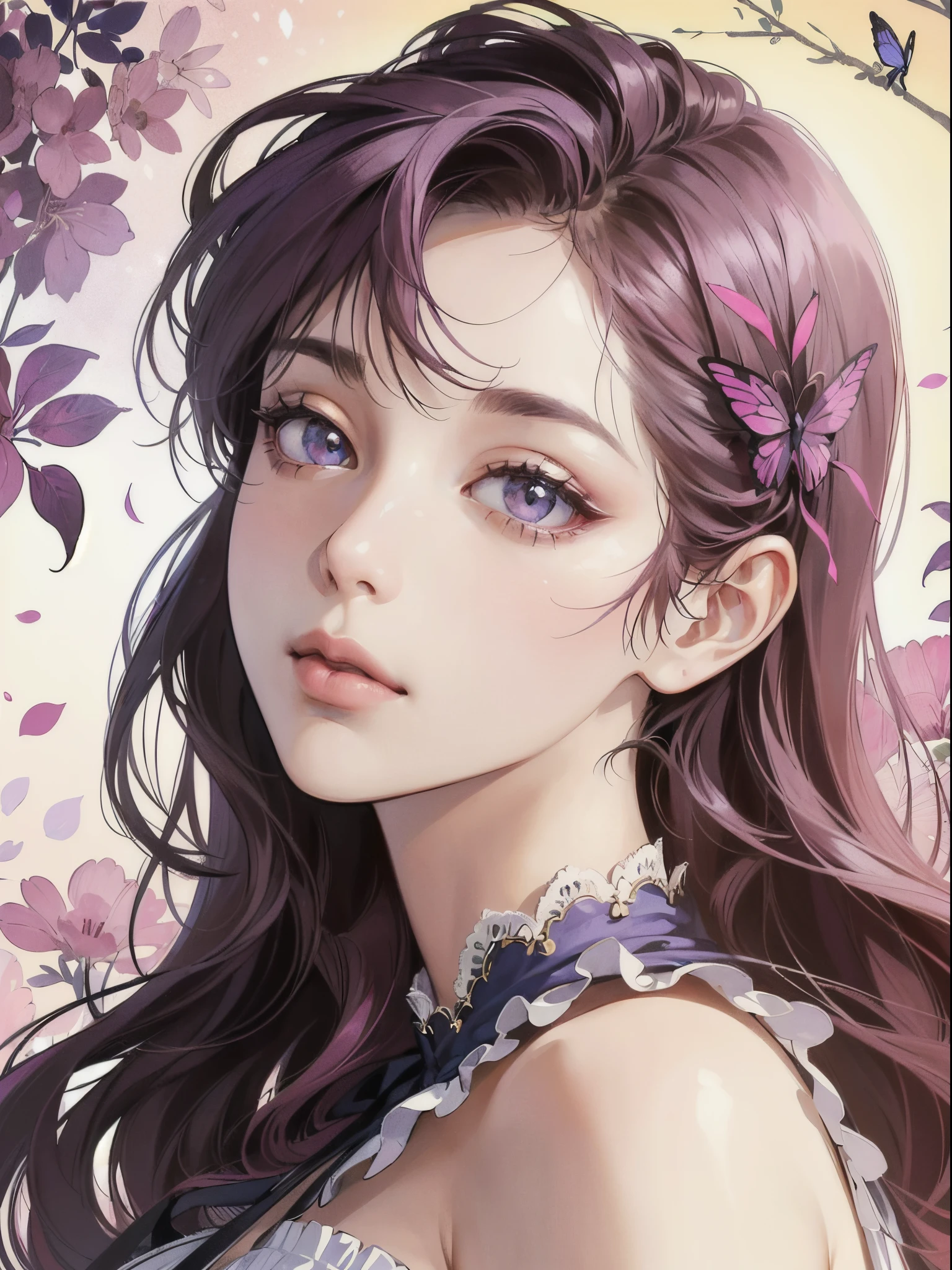 Butterfly motif、Magenta undertones、Vibrant colors、((​masterpiece)))、(((top-quality)))、((ultra-detailliert))、(A hyper-realistic)、(highly detailed CGillustration）、Official art、Rome at the beginning of the 20th century、Decadent、Madame Papillon、Cool Beauty、Masquerade、refinement、Elegance、Gorgeous、matchless beauty、Fans、gorgeous dress、jewely、Female Solo、Perfect Angle、perfect-composition、Face close-up