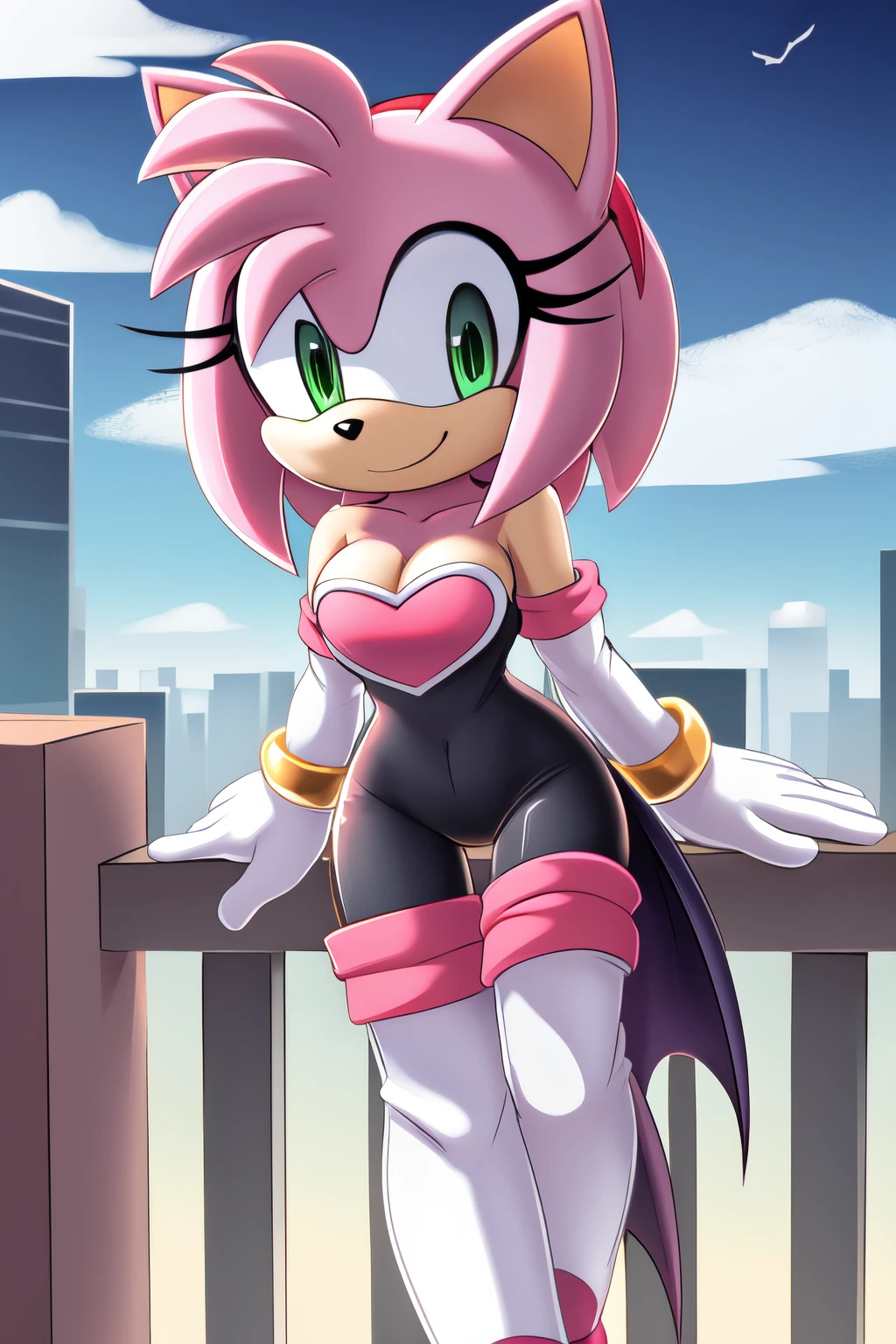 Amy Rose, (Rouge the Bat Cosplay), 1 girl, solo, smile, green eyes, sky, outdoors, cloud, pink hair, night, bare shoulders, animal nose, black rubber bodysuit, pink heart on the bodysuit chest, cleavage, white gloves, white knee-high boots, city background, balcony, standing.