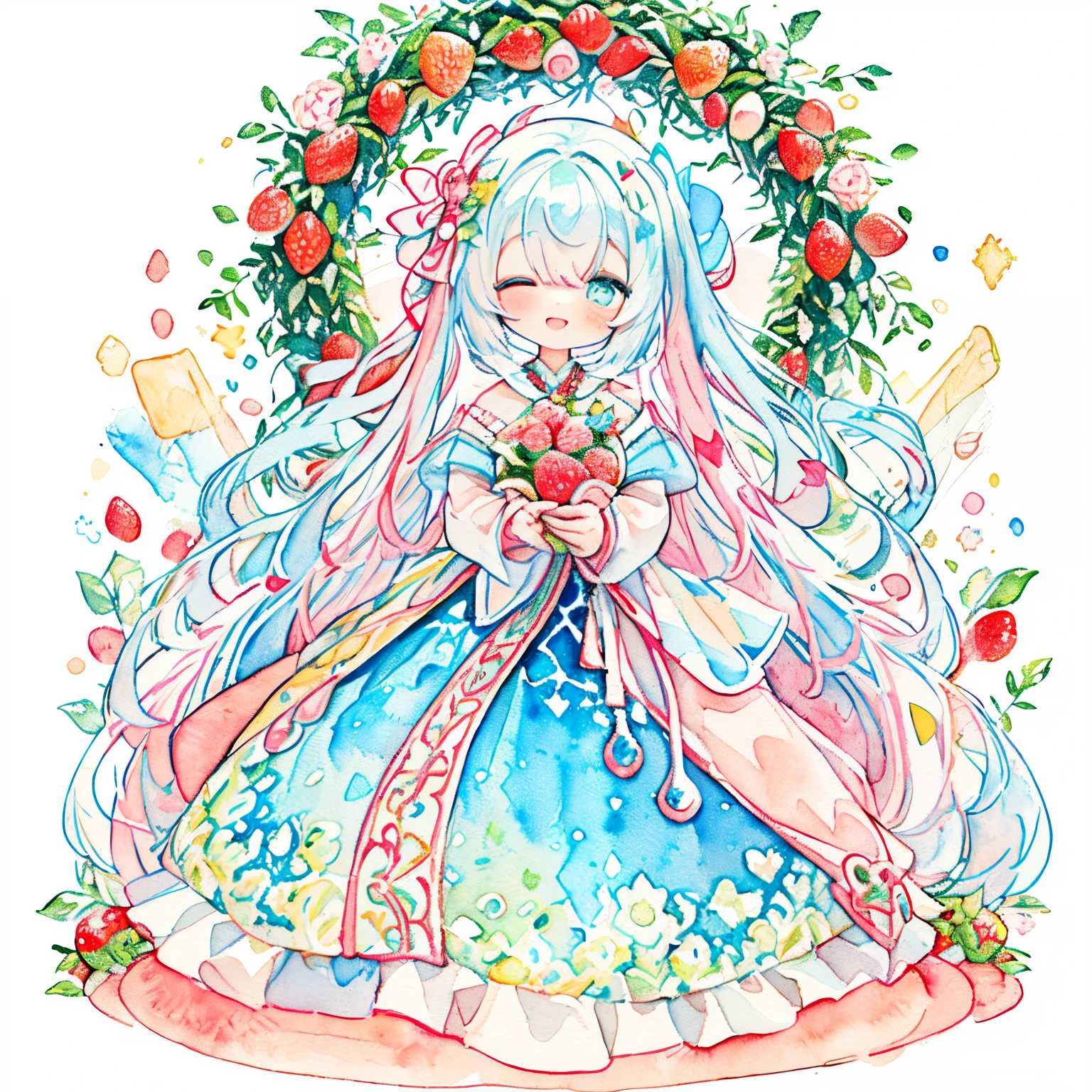 Pink and light blue, cross-shaped pupils, (with a large bouquet:1.8) (PastelColors:1.3)、(Cute illustration:1.3)、(watercolor paiting:1.3)、2girls:1.3、Detailed background、Smile with open mouth、close your eyes and laugh、Beautifully detailed、Moya、colourfull、marble、Particles of light、patterns、Double Layer Dress、Detailed drawing、Vibrant colors、striking contrast、intricate detailes、Delicate depiction、Luminescent、full body Esbian、Beautiful facial features、Brightly colored eyes、Wearing intricate and delicate ornaments、glowing aura、Radiant hair,Morning light、White and red motifs、Red ribbons、World of Shortcake、Strawberry wreath background