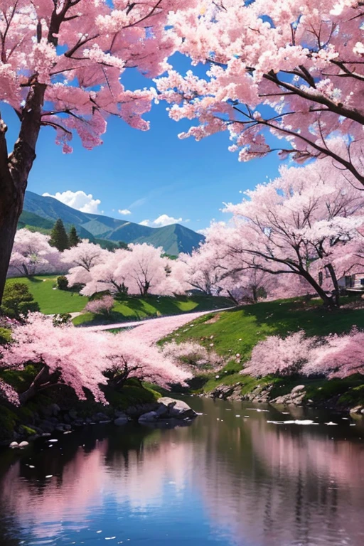 A serene landscape adorned with pink cherry blossoms in full bloom.