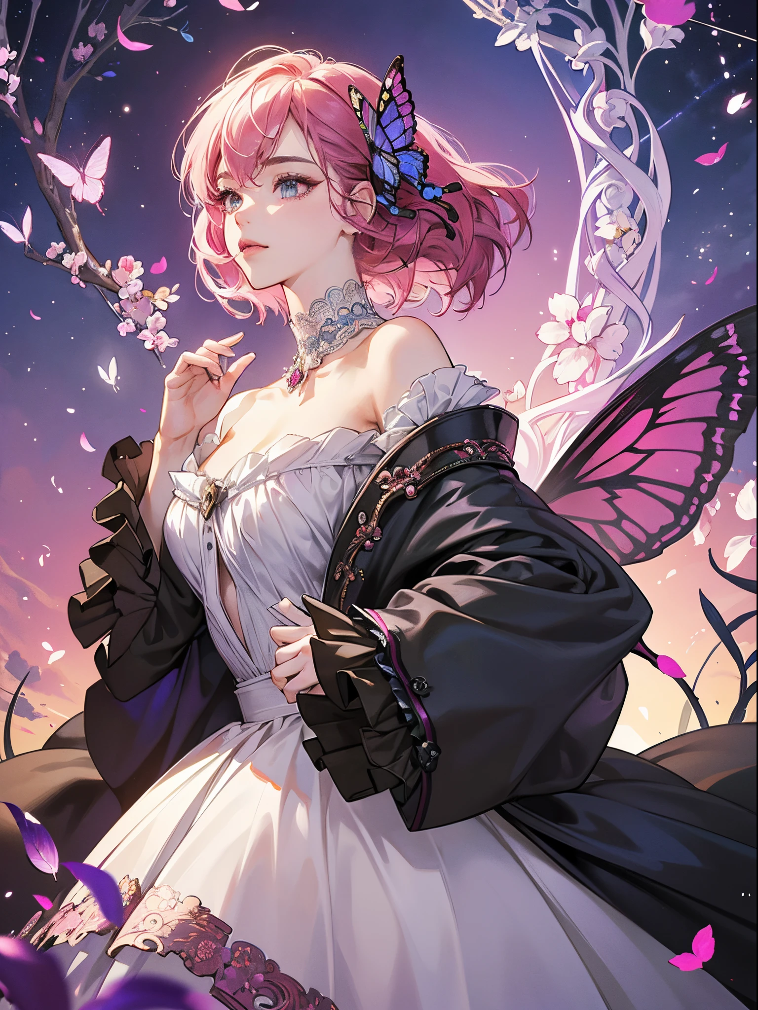 Butterfly motif、Magenta undertones、Vibrant colors、((masterpiece)))、(((top-quality)))、((ultra-detailliert))、(A hyper-realistic)、(highly detailed CGillustration)、Official art、Paris at the beginning of the 20th century、Montmartre、Decadent、Madame Papillon、Cool Beauty、Masquerade、refinement、Elegance、Gorgeous、matchless beauty、Fans、gorgeous dress、jewely、Female Solo、Perfect Angle、perfect-composition、up of face
