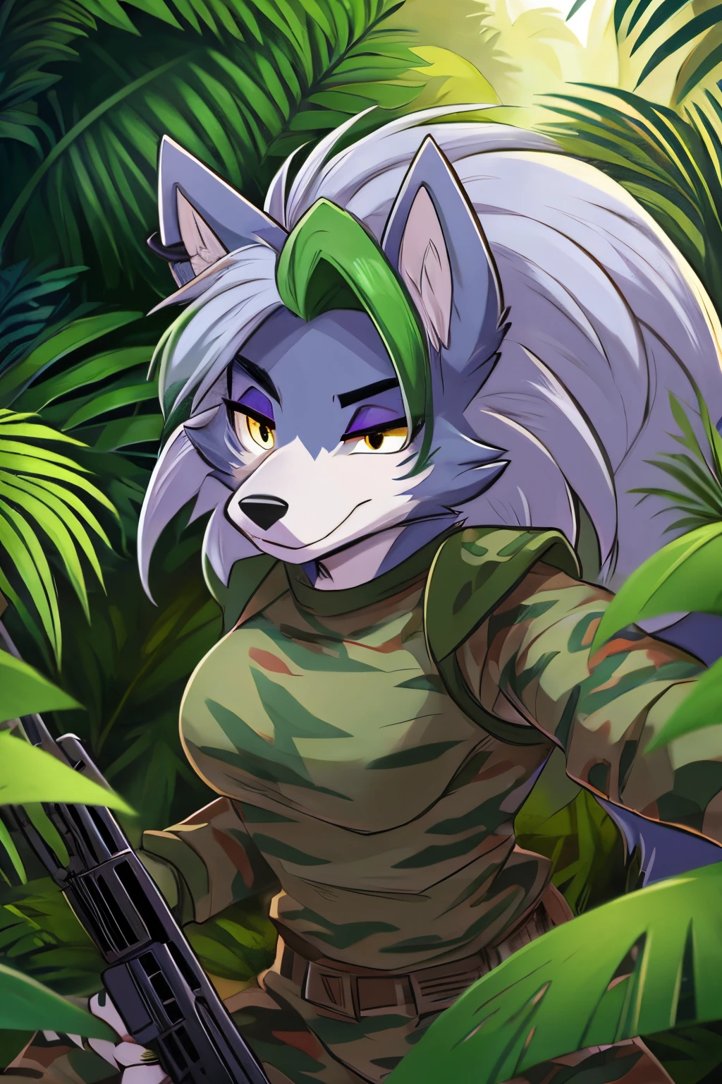 best quality, fnafroxanne, furry female, body fur, makeup, wolf ears, wolf tail, grey hair, green hair, yellow eyes, clear image, wearing a U.S. military uniform (Vietnam War era), Jungle camouflage, M16 rifle, Dense jungle environment,Determined and focused expression