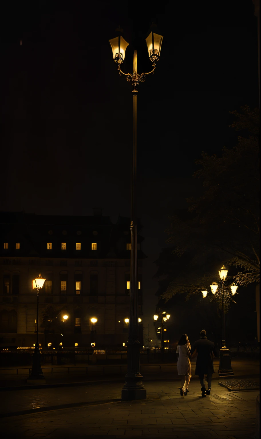 Night scene of a couple walking in the park,The background is a building, Photos taken at night, lamp post, street lighting, streetlight at night, 2m, wide portrait, 3 meters, natta, the street lights, the street lights, the street lights, no lights, Tiananmen square, Little Silver Sky, Shoot at night, during night