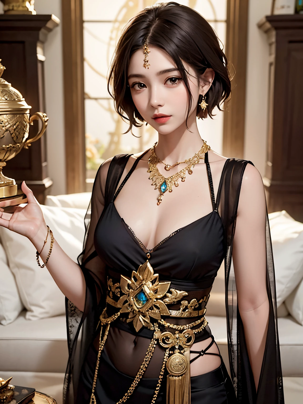 Girl with ancient ornament, zentangled, necklace, half body shot, short hair, see-trough