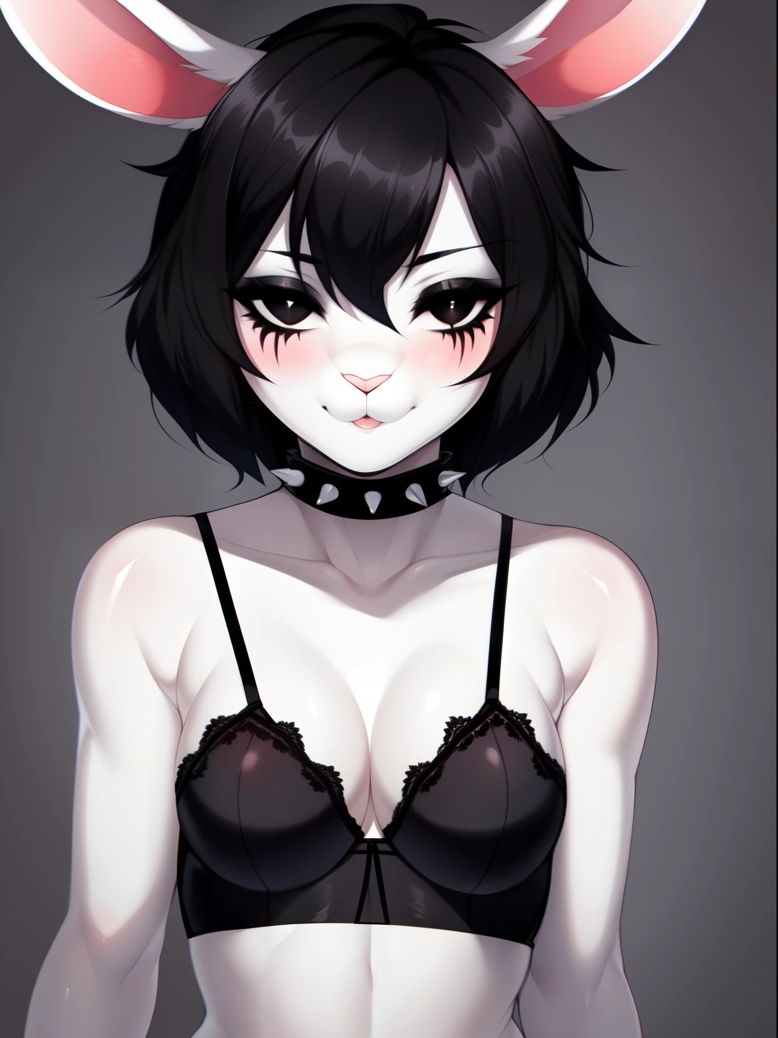 Solo:1.5, by fumiko, by hyattlen, by claweddrip, female, an all white lop rabbit, ((fluffy white rabbit tail)):2, droopy white rabbit ears, black mascara, black make up, black eyes, small breasts, black short emo hair, black hair, full body shot, wearing gothic lingerie , thigh high spiked boots, seductive pose, portrait, close up