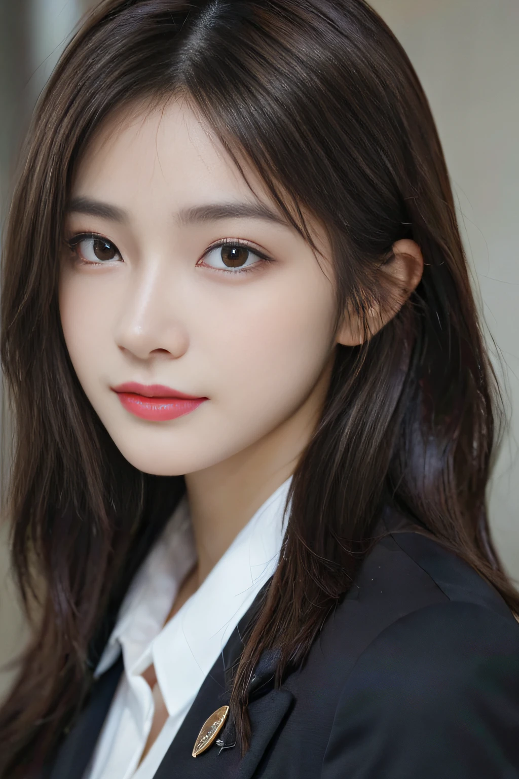 masutepiece, Best Quality, Photorealistic, Ultra-detailed, finely detail, High resolution, 8K Wallpaper, 1 beautiful woman,, light brown messy hair, in a business suit, foco nítido, Perfect dynamic composition, Beautiful detailed eyes, detailed hairs, Detailed realistic skin texture, Smiling, Close-up portrait, Model body type
