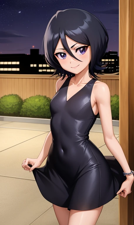 anime screencap, cityscape background, dim lights, rooftops, veranda, night falls, stars sparkling, 1 girl, solo, smile, short hair, black hair, purple eyes, hair between eyes, bare shoulders, bare neck, standing, red dress, tight red leather dress,  pretty girl, sexy girl, tight dress, medium breasts, earrings, bracelets, slim legs out dress, looking at viewer, facing viewer.