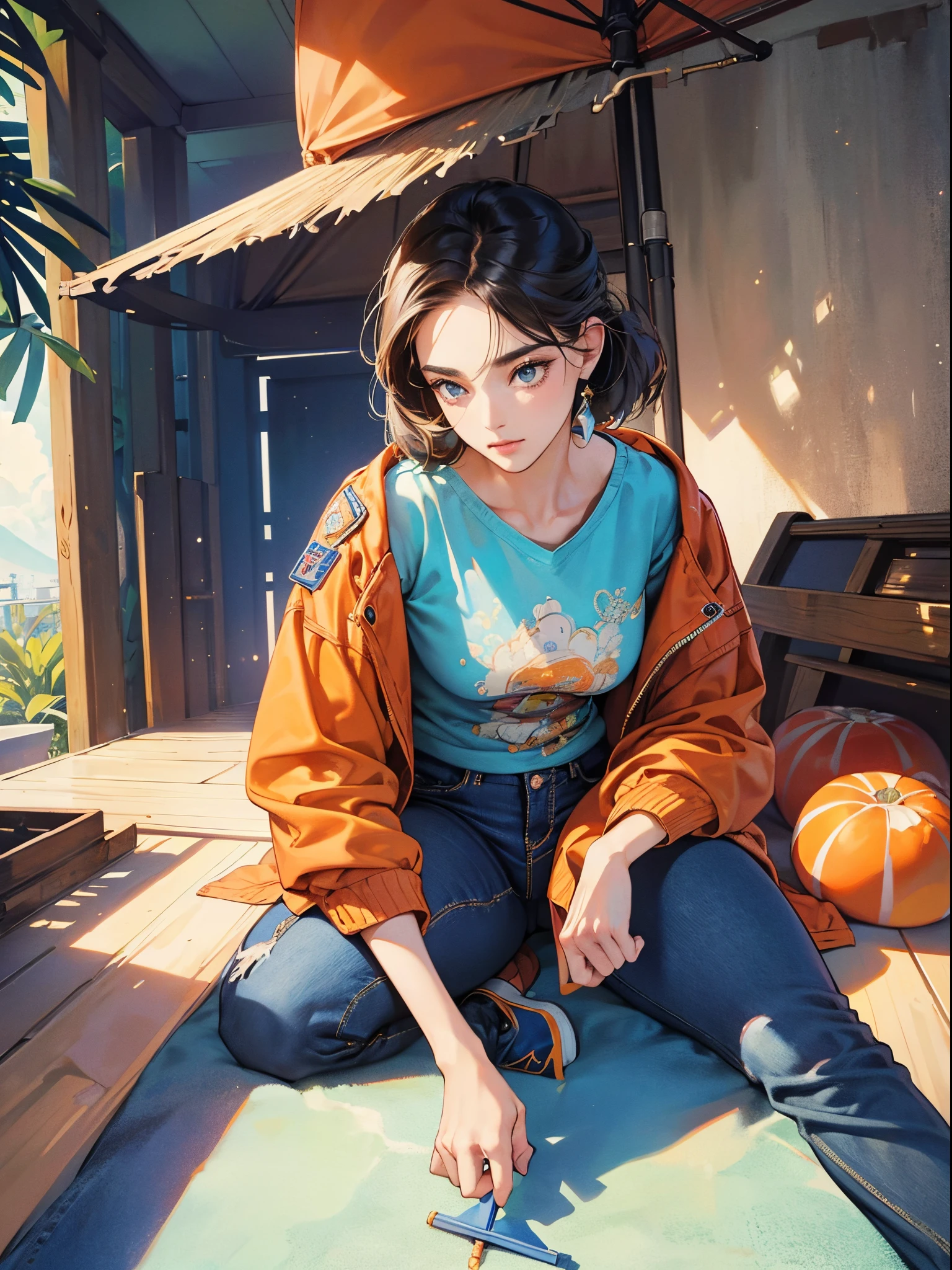 Orange and Indigo Keynote Speech、Vibrant colors、((masterpiece)))、(((top-quality)))、((ultra-detailliert))、(A hyper-realistic)、(highly detailed CGillustration)、Official art、glorious 1980s、Mid summer、Cool Beauty、cochetti gorgeous、matchless beauty、jaket、Blue jeans、Female Solo、Perfect Angle、perfect-composition、full body Esbian