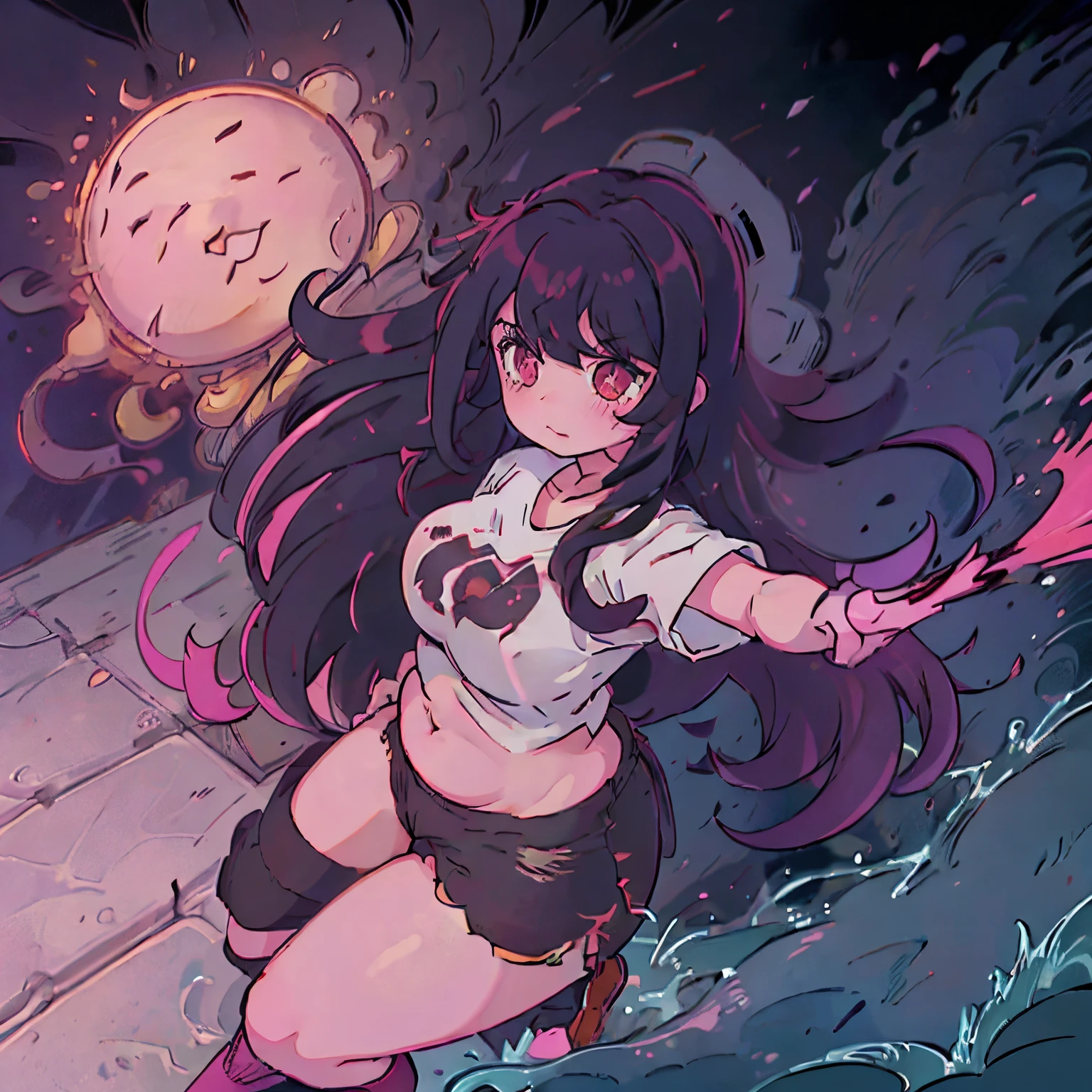 anime girl with medium breasts, oversized shirt, thick thighs, dark red eyes, pitch black wavy messy hair, booty shorts, crew socks, plump pink lips, cute nose