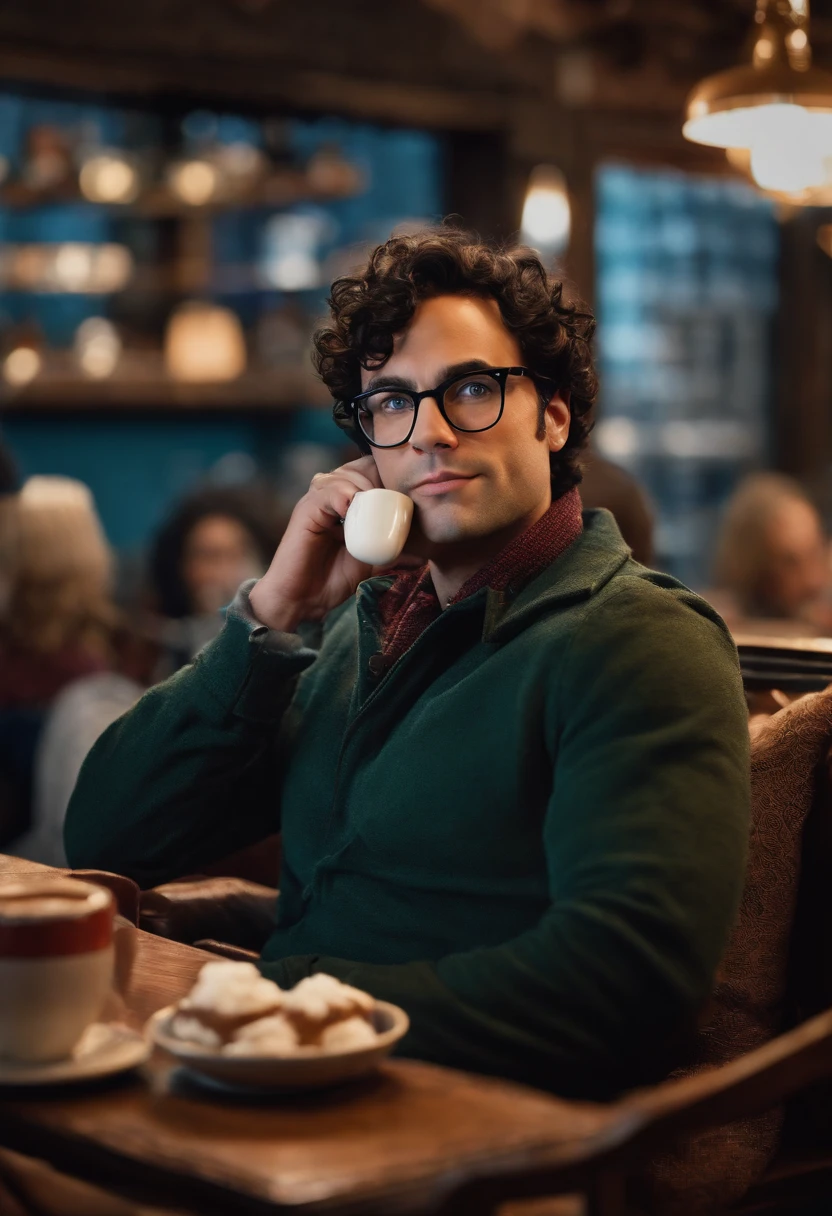 An image of Leonard sitting at a cozy coffee shop, sipping on a hot chocolate and reading a classic sci-fi novel.,The Big Bang Theory,Leonard is short with curly black hair and glasses, portrayed by Johnny Galecki, male