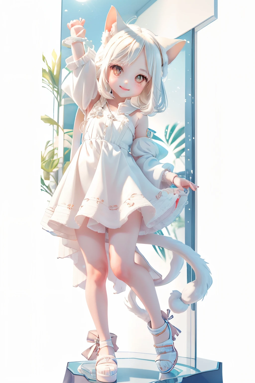 Solo front full body portrait　chiquita　Short stature and flat chest　kawaii girl　a smile　Cat Beastman　White cat ears　white loose hair　two long white tails　white short dress　One hand is raised