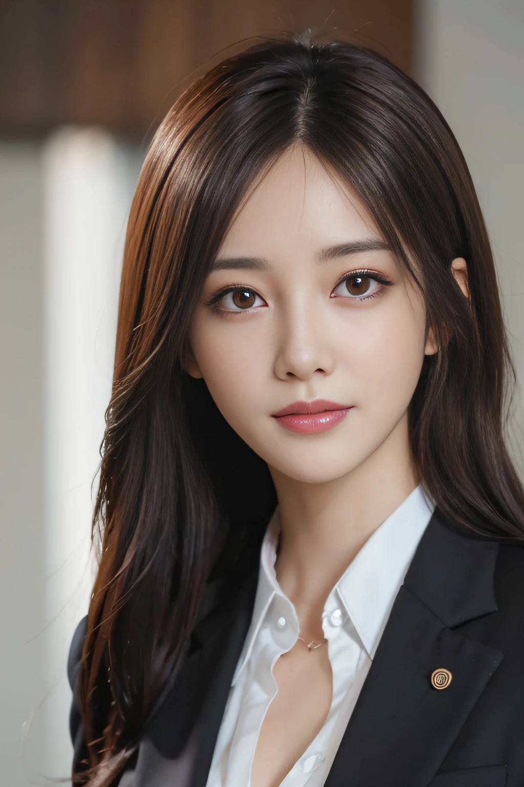 masutepiece, Best Quality, Photorealistic, Ultra-detailed, finely detail, High resolution, 8K Wallpaper, 1 beautiful woman,, light brown messy hair, in a business suit, foco nítido, Perfect dynamic composition, Beautiful detailed eyes, detailed hairs, Detailed realistic skin texture, Smiling, Close-up portrait, Model body type