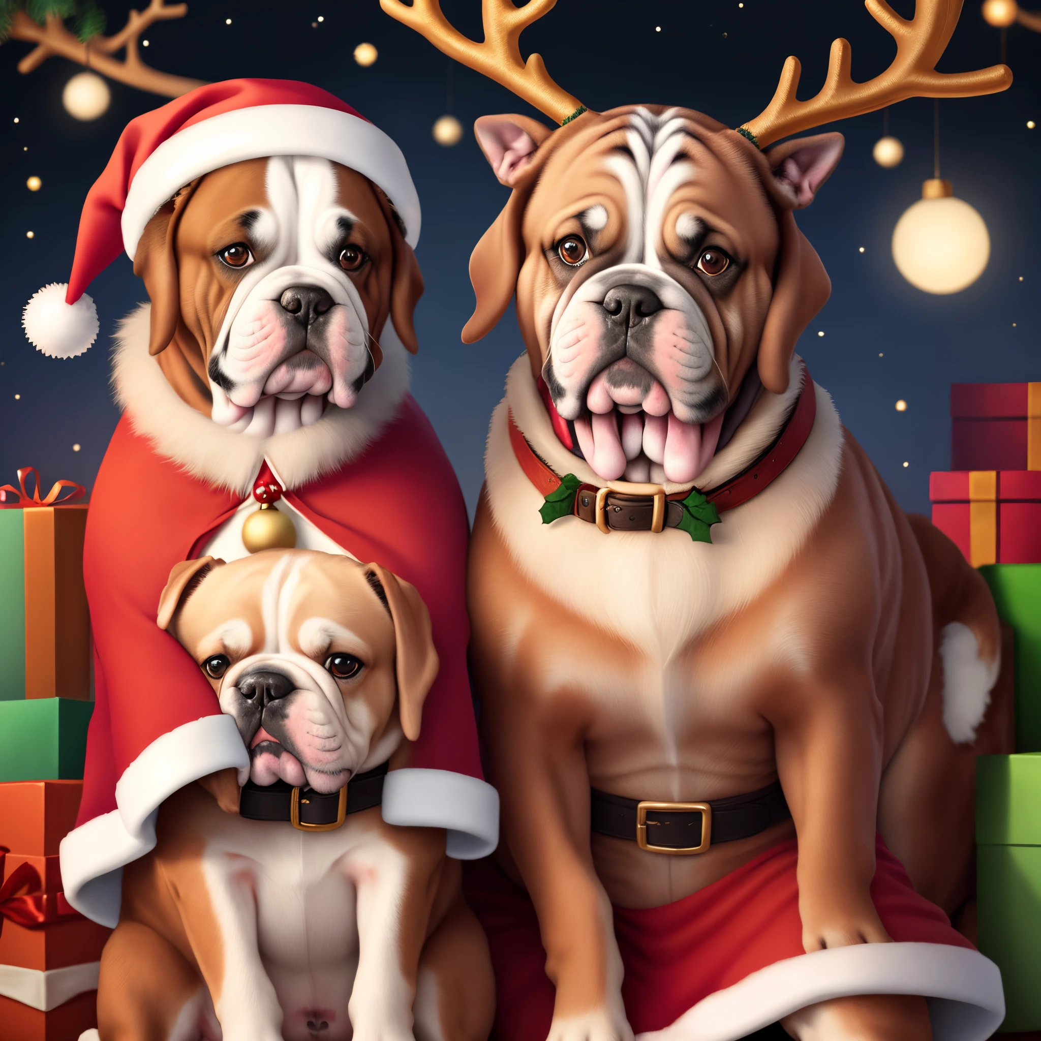 Two bulldogs with reindeer antlers pulling Santa’s sleigh