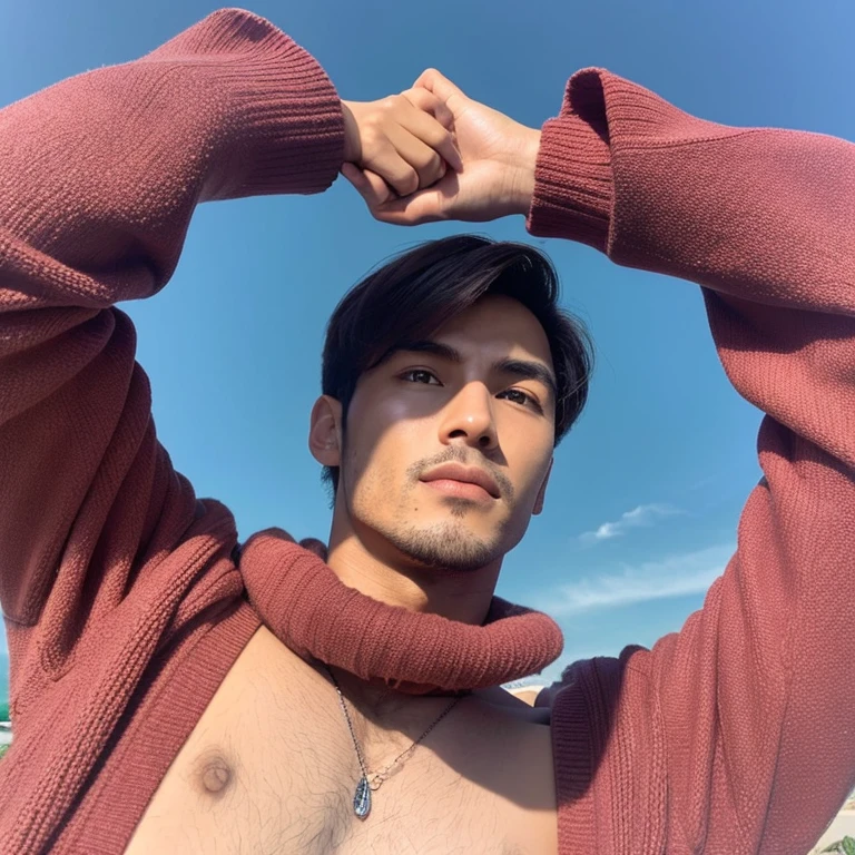 Cabelos brancos. 1,90 cm de altura. Homem. 28 anos. Tatuagem no ombro. asiatic. Sem camisa. defined abdomen. Pink and thin lips. Ombros largos. Nariz fino. Testa pequena. Orelhas furadas.