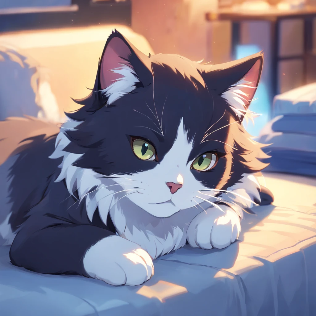 Cute isometric cat emoticon, tuxedo jack, black and white cat, Fluffy and cute, Kitten turned sideways and closed its eyes