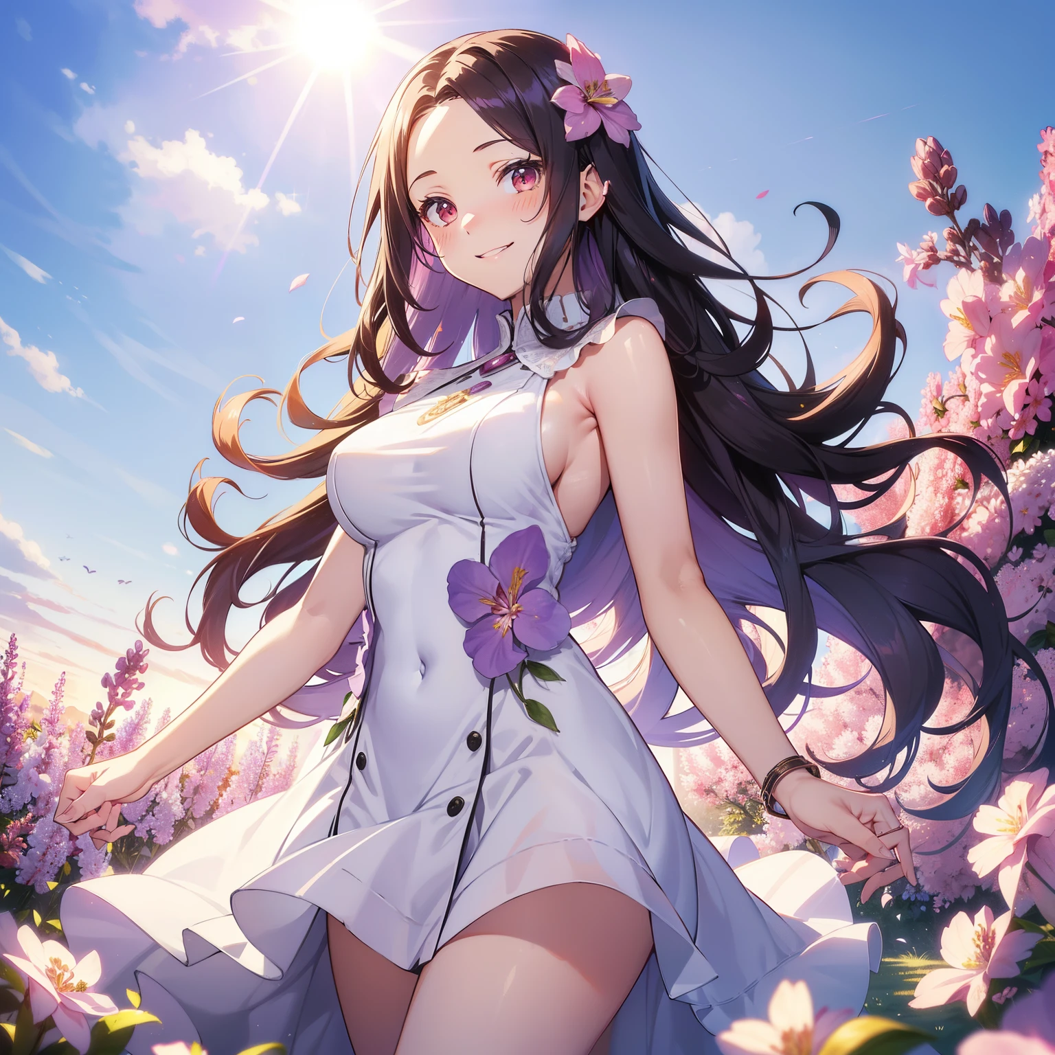 (masutepiece,Best Quality,8K),(extremely detailed CG1.1),teens girl,Smile,large boob,(From below:1.2),Intricate details , Hyper realistic, Perfect Anatomy,A dark-haired,Red Eyes,(((Forehead))),Permed hair with wavy hair,(((length hair))),Hair over one eye,hair slicked back,Full body,(((white dress))),blush,Happy smile,(((Lilac,flower  field))),Lens Flare,Wind,Magnificent view,(chromatic abberation:1.3),Dynamic Angle,Cowboy Shot,Looking at Viewer,is standing,float