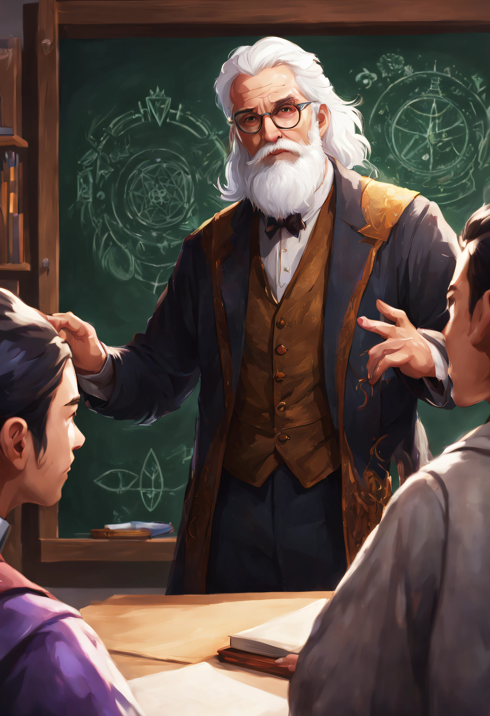 a man with glasses and white hair and beard, The professor of an arcane magic school, standing at a chalk board in front of a class of students, in the style of fantasy artwork