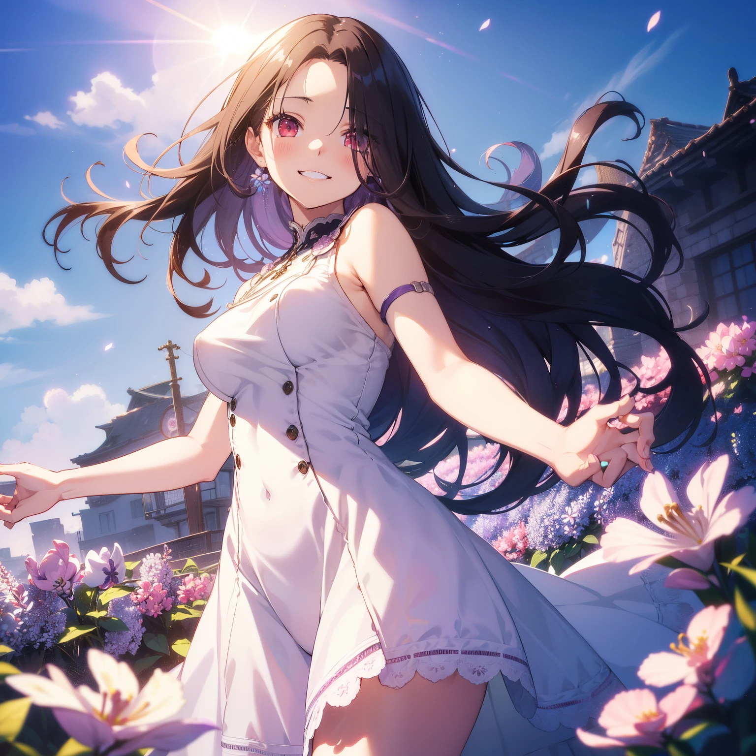 (masutepiece,Best Quality,8K),(extremely detailed CG1.1),teens girl,Smile,large boob,(From below:1.2),Intricate details , Hyper realistic, Perfect Anatomy,A dark-haired,Red Eyes,(((Forehead))),Permed hair with wavy hair,(((length hair))),Hair over one eye,hair slicked back,Full body,(((white dress))),blush,Happy smile,(((Lilac,flower field))),Lens Flare,Wind,Magnificent view,(chromatic abberation:1.3),Dynamic Angle,Cowboy Shot,Looking at Viewer,is standing,float
