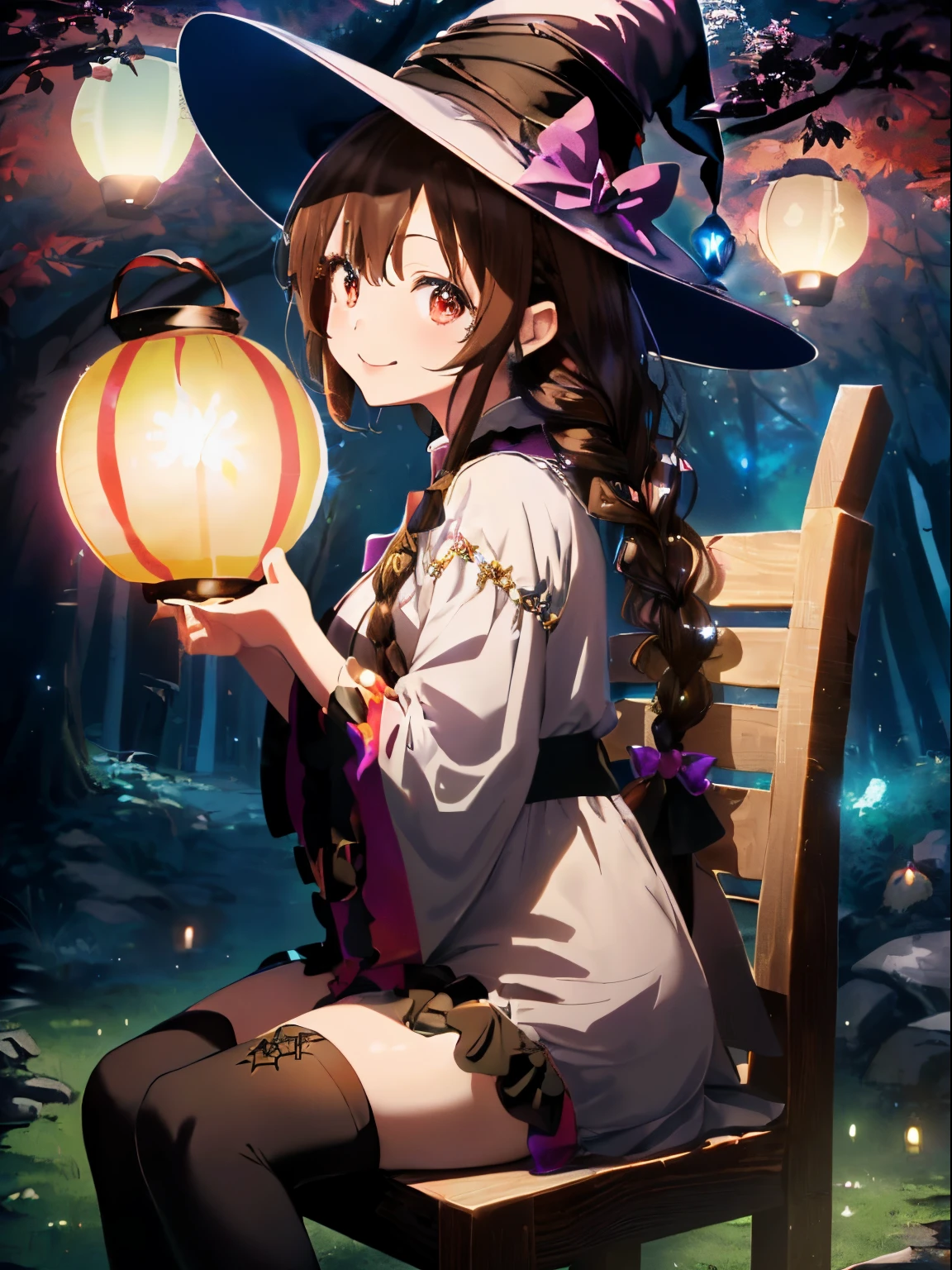 ((Black Night Forest)),(colorful glowing lanterns),fluffy hair,((brown haired)),((Braided shorthair)),Slightly red tide,((Brown eyes)),(Sparkling colorful illuminations),(A house with a strange shape々In the woods lined with),((Idol style costume with soft volume)),((gorgeous wizard hat)),((the witch)),(magic wand with a jewel on the tip),smile and show your tongue,((I&#39;m sitting in a weird shaped chair staring at it.)),Kamimei,((Side view)),((Flying on a witch&#39;s broom)),