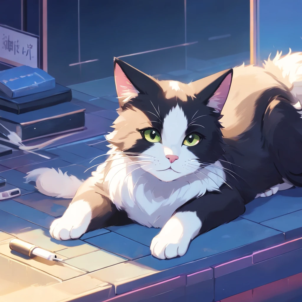 Cute isometric cat emoticon, tuxedo jack, black and white cat, Fluffy and cute, Kitten lying down on its side