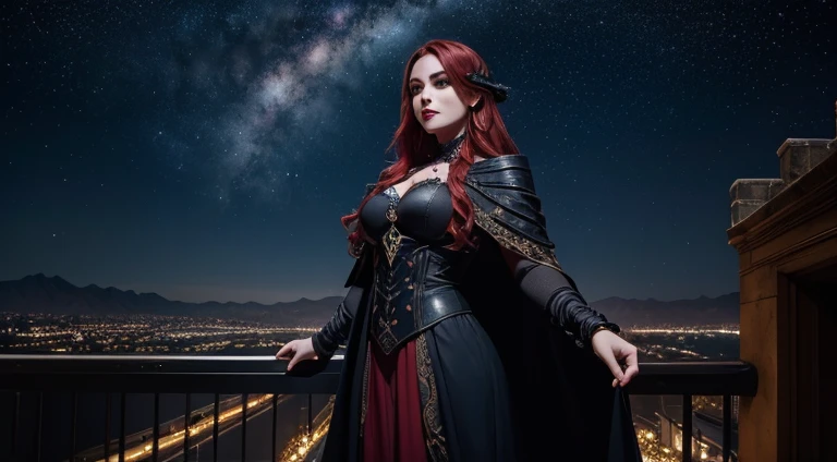an image of a beautiful exquisite female vampire standing under the starry night sky on the balcony of her castle, Dynamic angle (ultra detalhado, master part, best quality), Face Ultra Detalhada (ultra detalhado, master part, best quality), ultra feminino, pele cinzenta, red hair, cabelos ondulados, dynamic eye color, olhos frios, olhos brilhantes, olhos intensos, dark red lips, [Presas], usando vestido branco (ultra detalhado, master part, best quality), Capa azul (ultra detalhado, master part, best quality), Capa comprida, flowing cloak (ultra detalhado, master part, best quality), Botas de salto alto, sky full of stars background, lua, Bats flying around, Detalhes altos, best quality, 8k, [ultra detalhado], master part, best quality, (ultra detalhado), corpo inteiro, tiro ultra largo, fotorrealismo, arte de fantasia sombria, arte de fantasia sombria, gothic art, muitas estrelas, arte de fantasia sombria, gothic art, feeling dread,