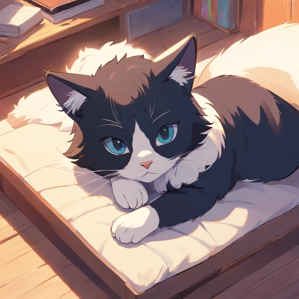 Cute isometric cat emoticon, tuxedo jack, black and white cat, Fluffy and cute, Kitten lying on its side