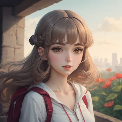 de anime com cabelo cor de vinho com brinco olhos vermelhos e segurando uma flor