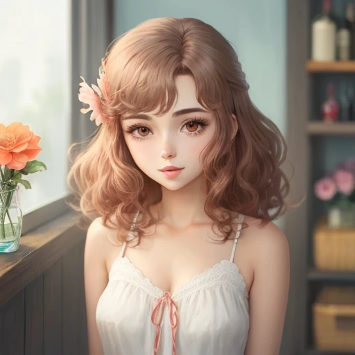 Menina de anime com cabelo cor de vinho com brinco olhos vermelhos e segurando uma flor