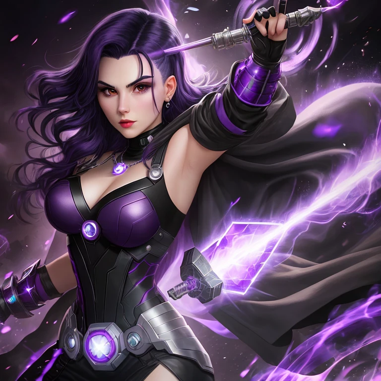 girl with black and purple hair, 25 years old, with the power of the Avengers Power Jewel