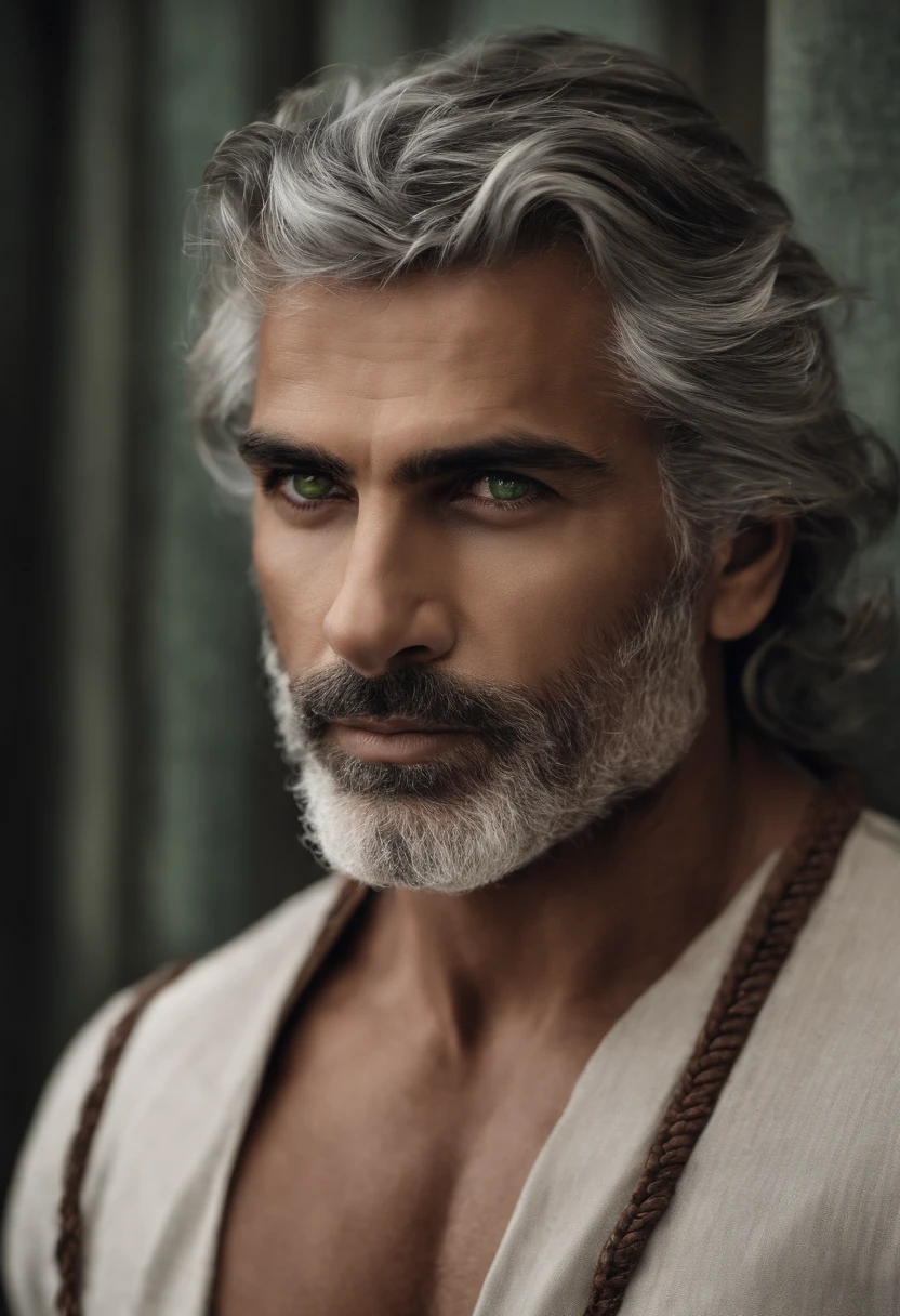 anjEstavaDescription of the Man with Imposing Appearance: Diante de mim, A man of magnetic and imposing presence emerges, A figure that commands instant attention. Her gray hair gives a distinct touch of maturity to her appearance, while a carefully modeled goatee accentuates its striking features. This combination of traits reveals a unique blend of wisdom and vigor. Every muscle in your body is meticulously toned and defined, The result of years of tireless dedication to physical training. Os contornos esculturais de seus ombros, Chest and arms reflect his relentless pursuit of athletic excellence. Your posture is a natural extension of your inner strength, Conveying trust and authority. He wears tight knit pants that fit perfectly to the contours of his muscles, displaying his athletic form with pride. The absence of a shirt reveals sun-tanned skin, in which each scar and brand tells a story of challenges overcome and lived experiences. Their green eyes are like shimmering gems, profundos e penetrantes, revealing an emotional intensity that is balanced by an intrinsic serenity. Esses olhos capturam a luz do ambiente, reflecting a color palette that seems to dance in its depth. This man's presence is a combination of strength and subtlety, a symphony of features that captivate and inspire. Its imposing appearance is complemented by an aura of recognition and understanding, inviting others to connect not only with your appearance, but also with the history that his green eyes silently express.