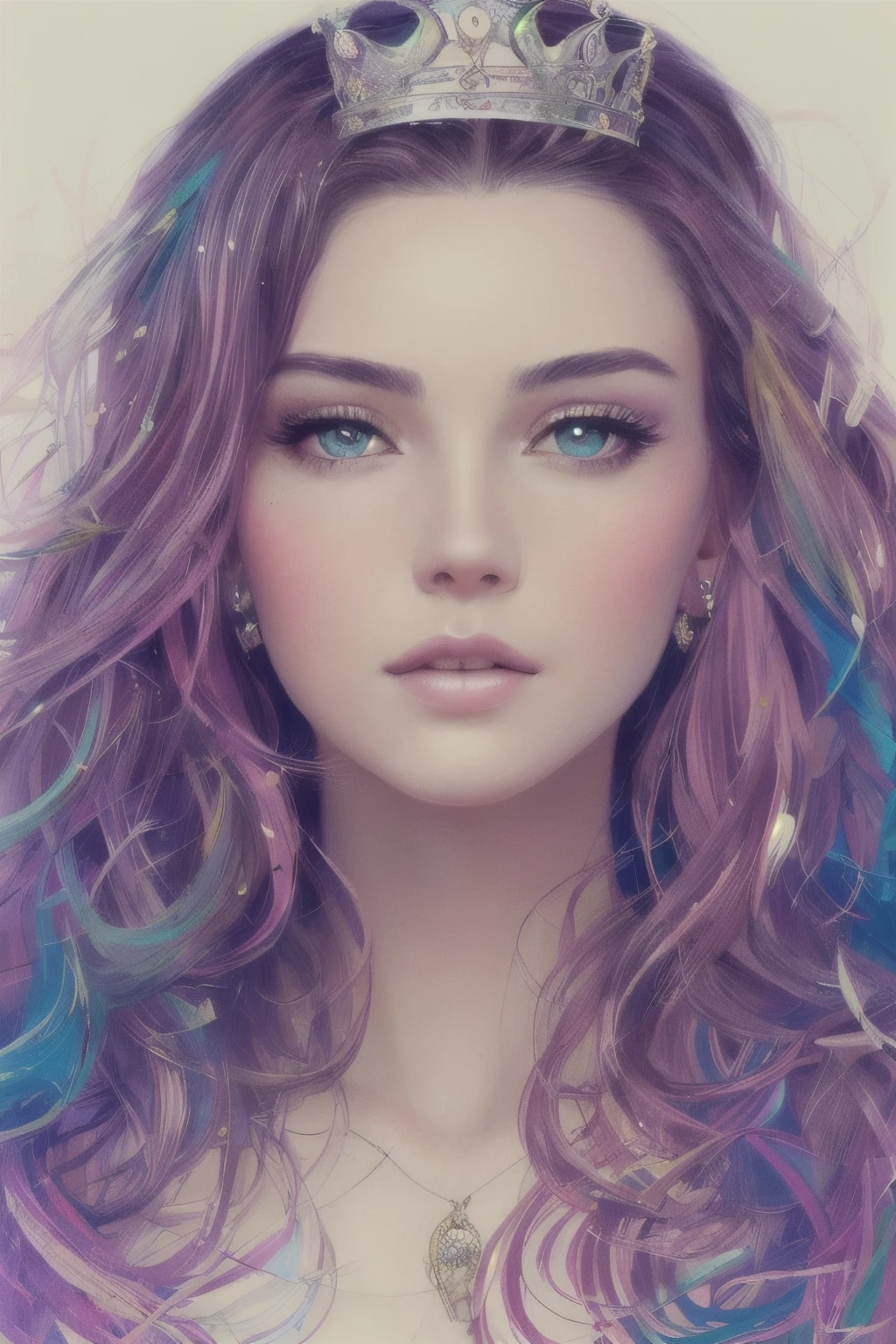 ((best quality)), ((masterpiece)), (detailed), perfect face, luxury elegance bold with hint of feminine, happy & youthful, authentic, brave, princess with crown, purple and gold tone color, centered, key visual, intricate, highly detailed, breathtaking beauty, precise lineart, vibrant, comprehensive cinematic, Carne Griffiths, Conrad Roset, (the most beautiful portrait in the world:1.5)